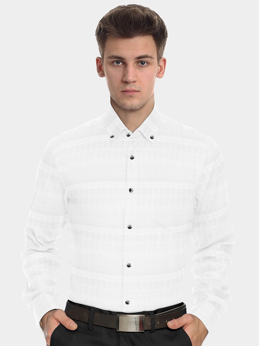 

FRENCH CROWN Men White Standard Horizontal Stripes Striped Formal Shirt