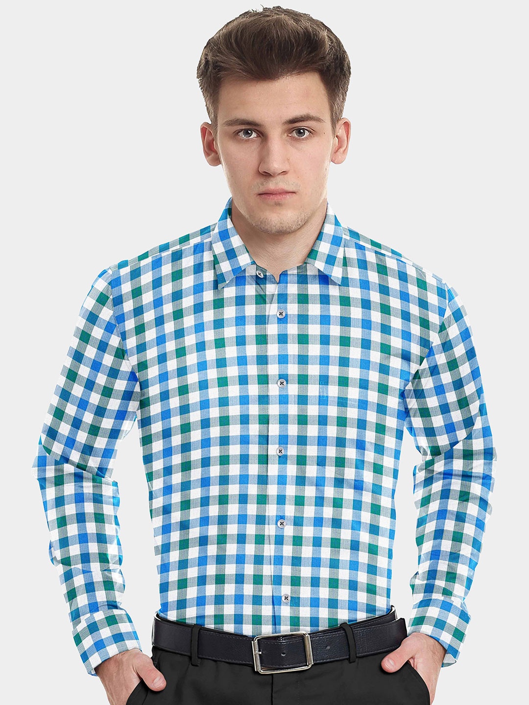 

FRENCH CROWN Men Blue Standard Gingham Checks Checked Formal Shirt