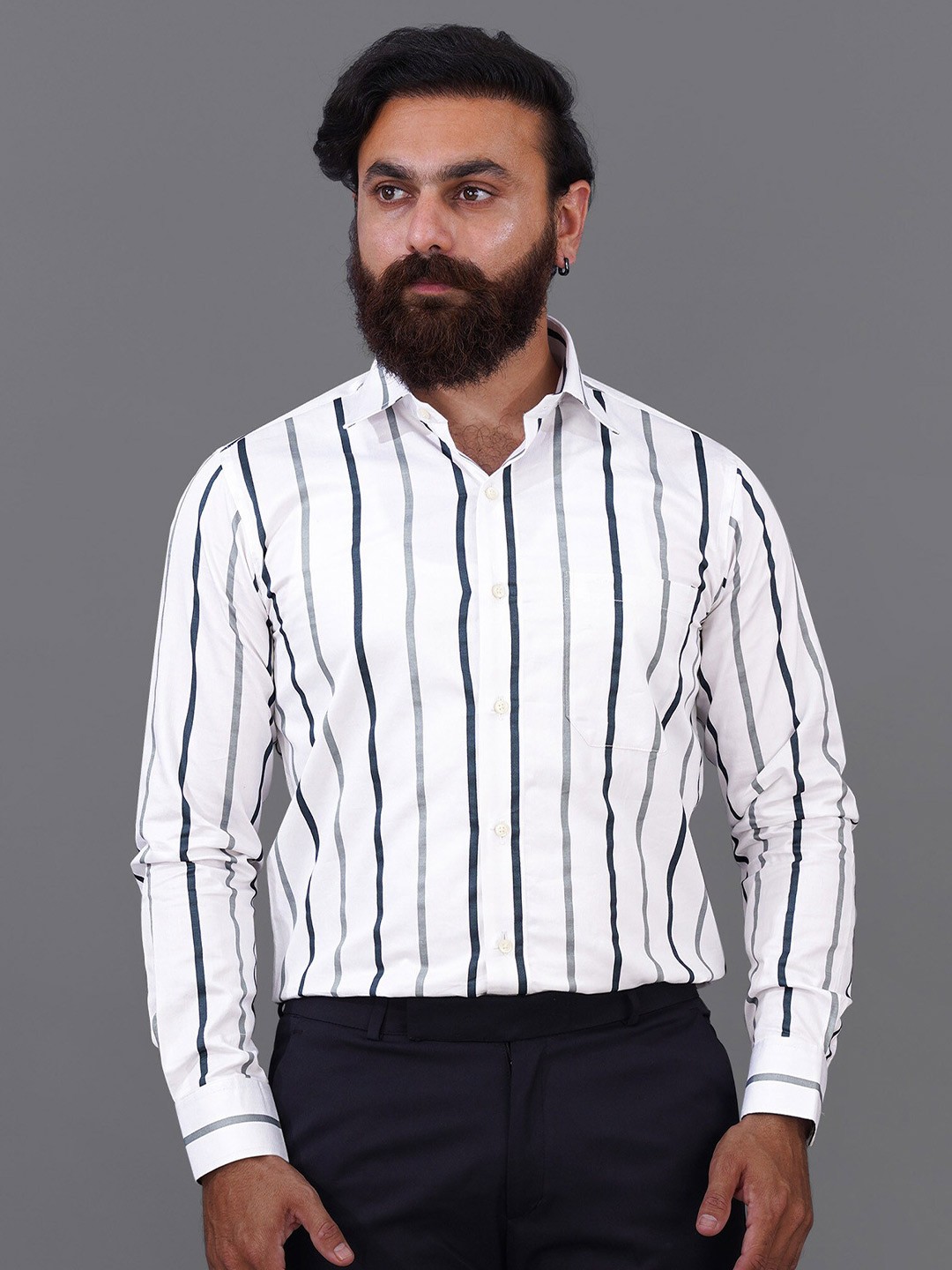 

FRENCH CROWN Men White Standard Striped Formal Shirt