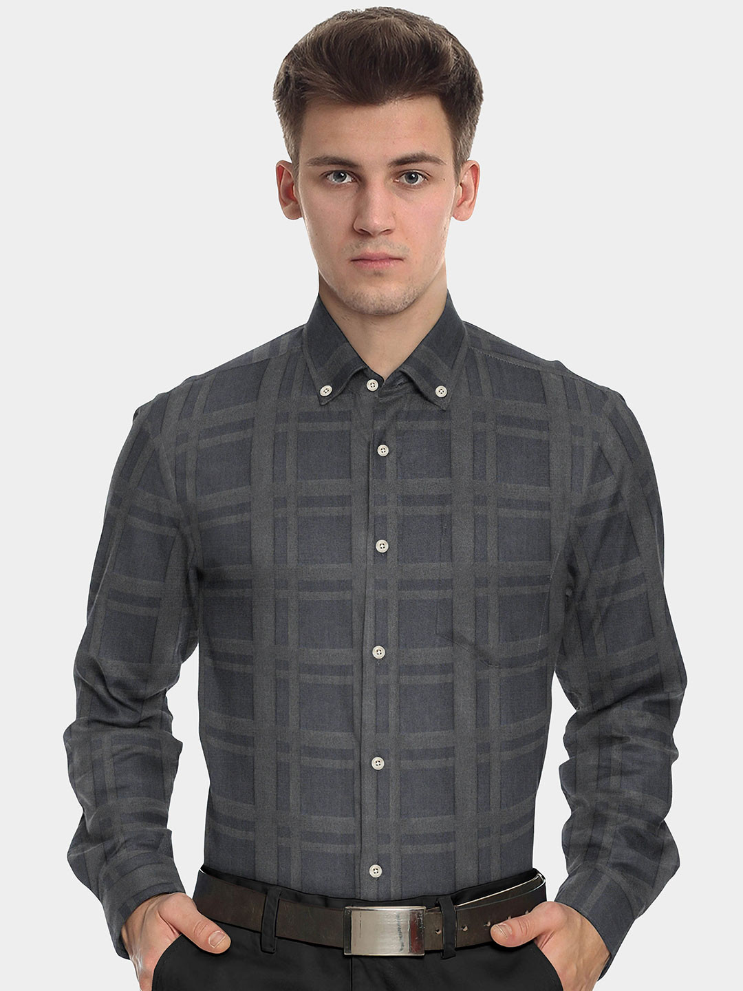 

FRENCH CROWN Men Standard Checked Cotton Formal Shirt, Grey