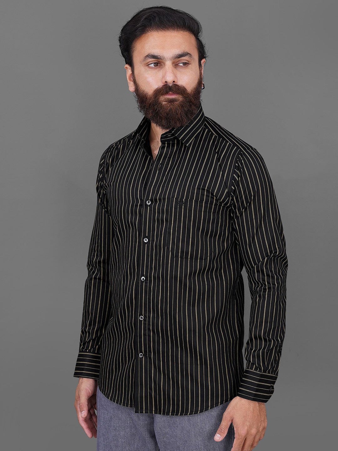 

FRENCH CROWN Men Standard Striped Cotton Formal Shirt, Black