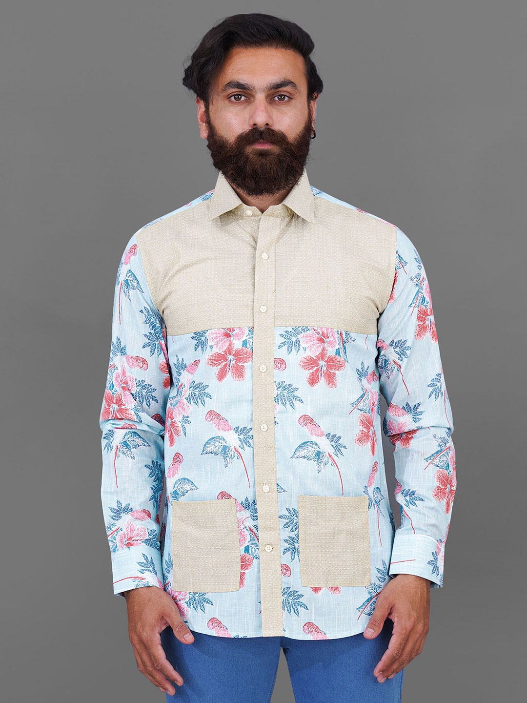

FRENCH CROWN Men Cotton Standard Floral Printed Casual Shirt, Blue