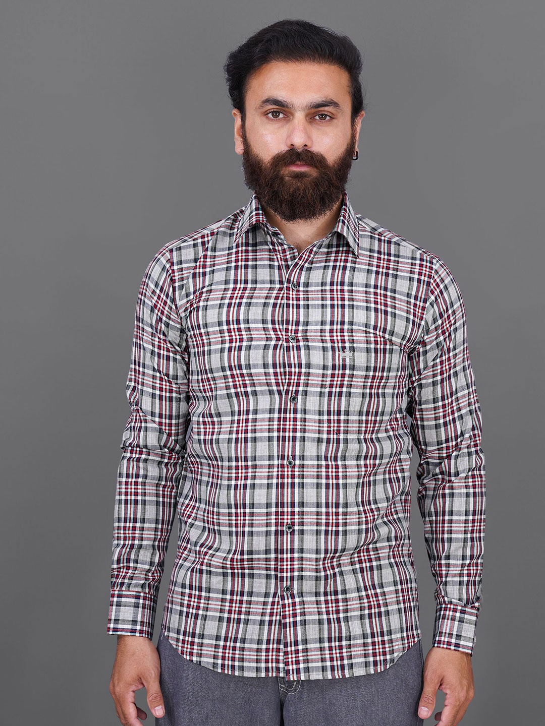 

FRENCH CROWN Men Cotton Standard Checked Casual Shirt, Grey