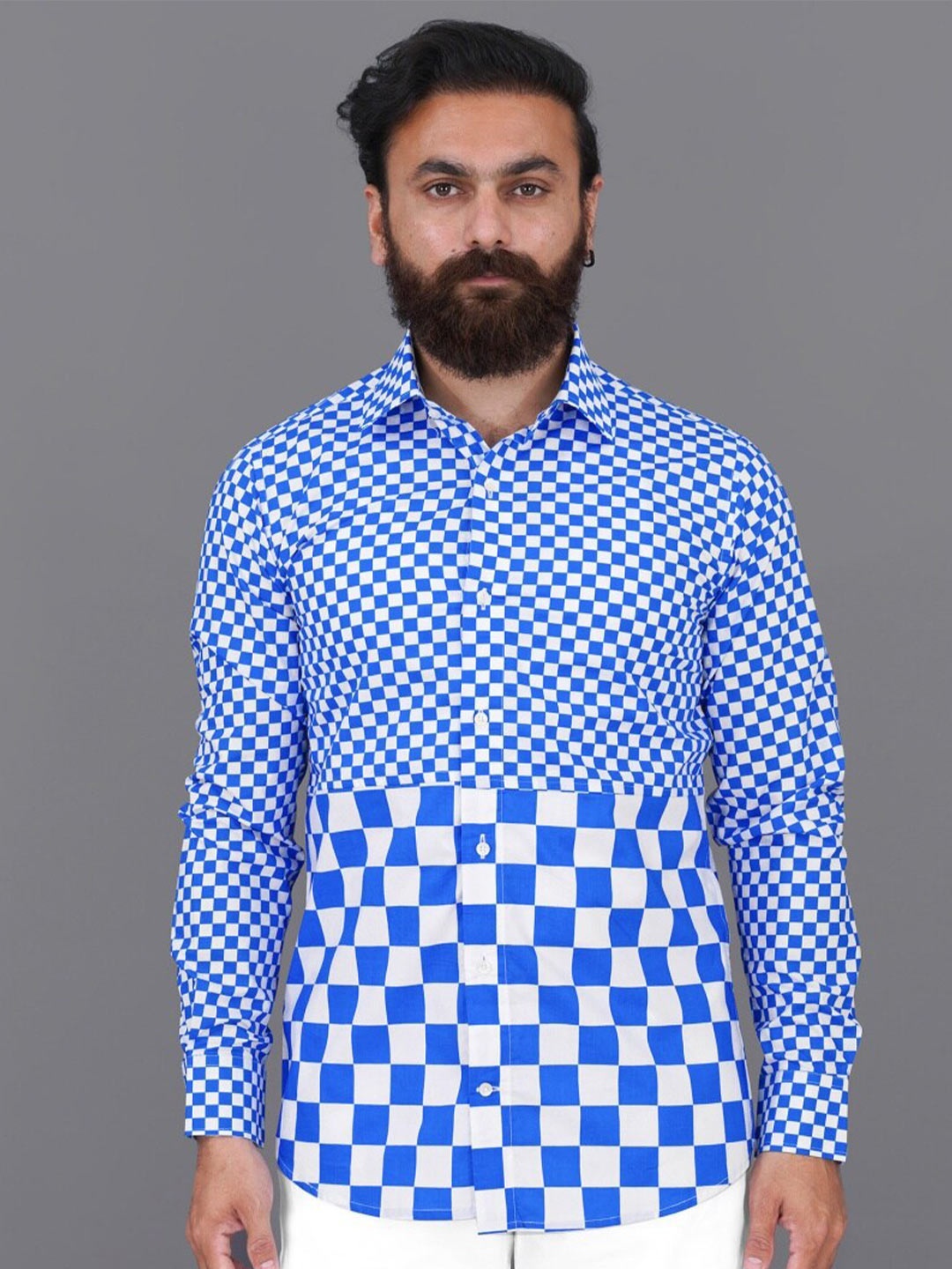 

FRENCH CROWN Men Gingham Checked Cotton Casual Shirt, Blue