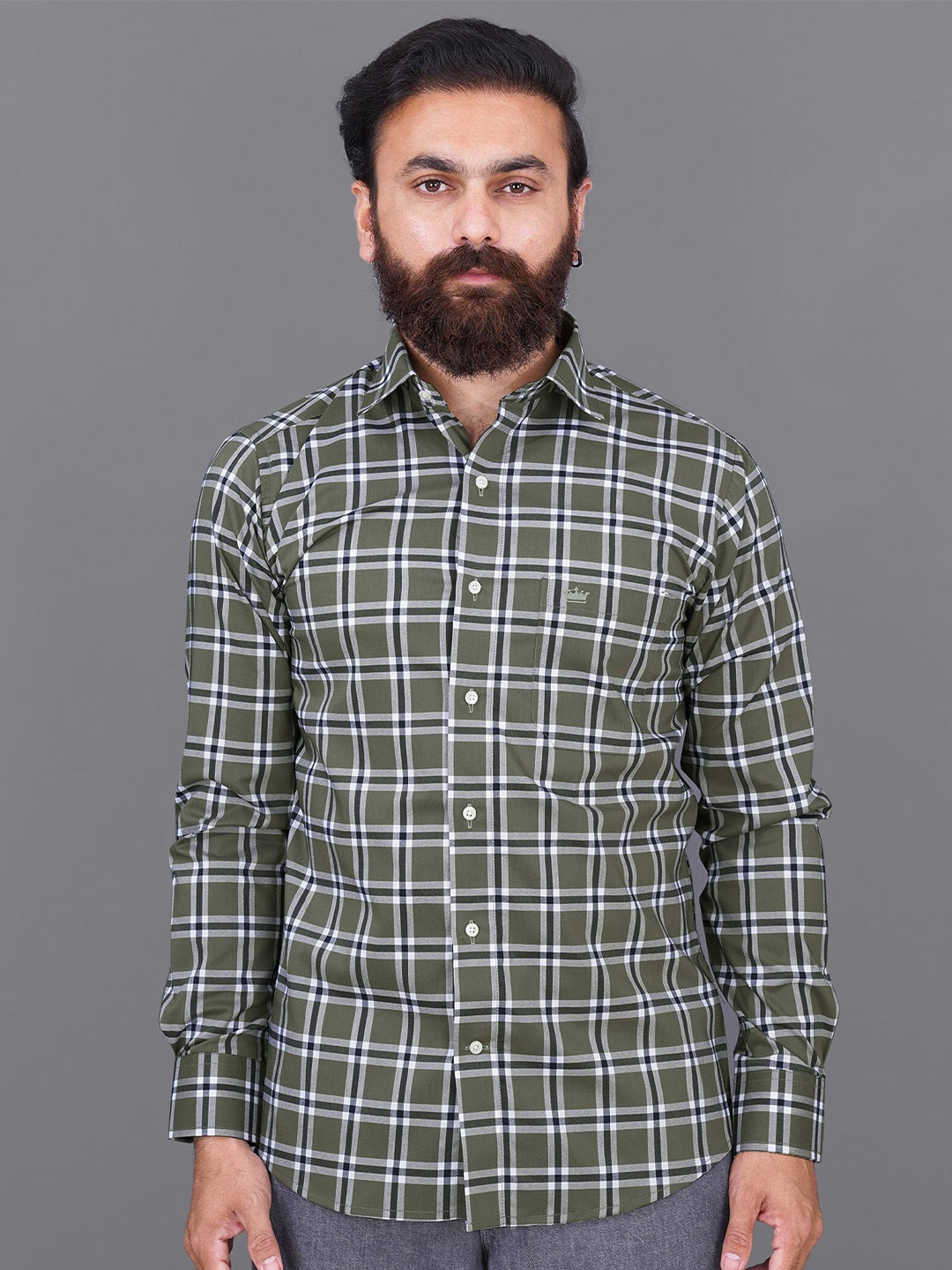 

FRENCH CROWN Men Green Standard Checked Formal Shirt