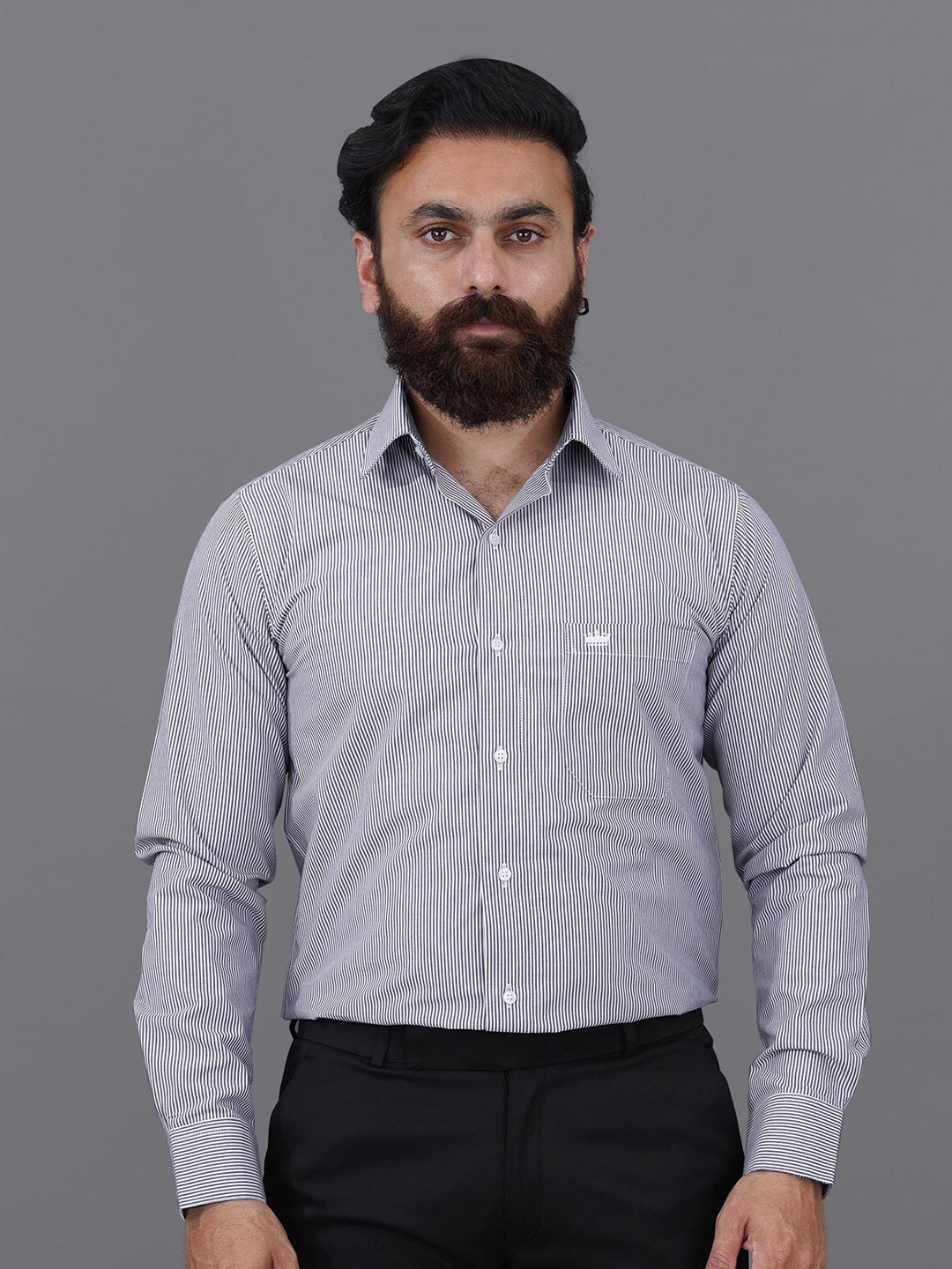 

FRENCH CROWN Men Cotton Standard Striped Formal Shirt, Grey