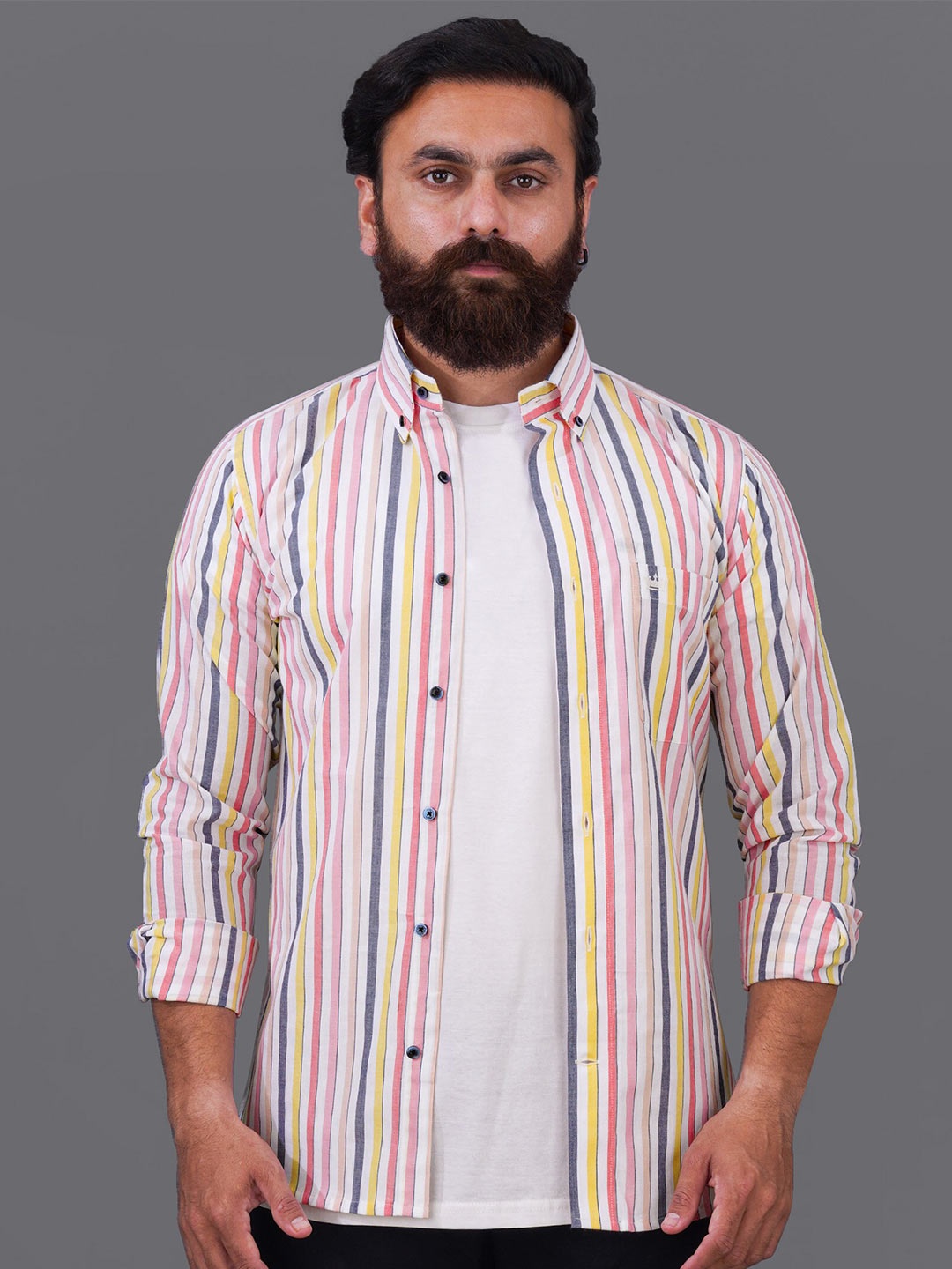 

FRENCH CROWN Men Multi Striped Cotton Casual Shirt, Pink