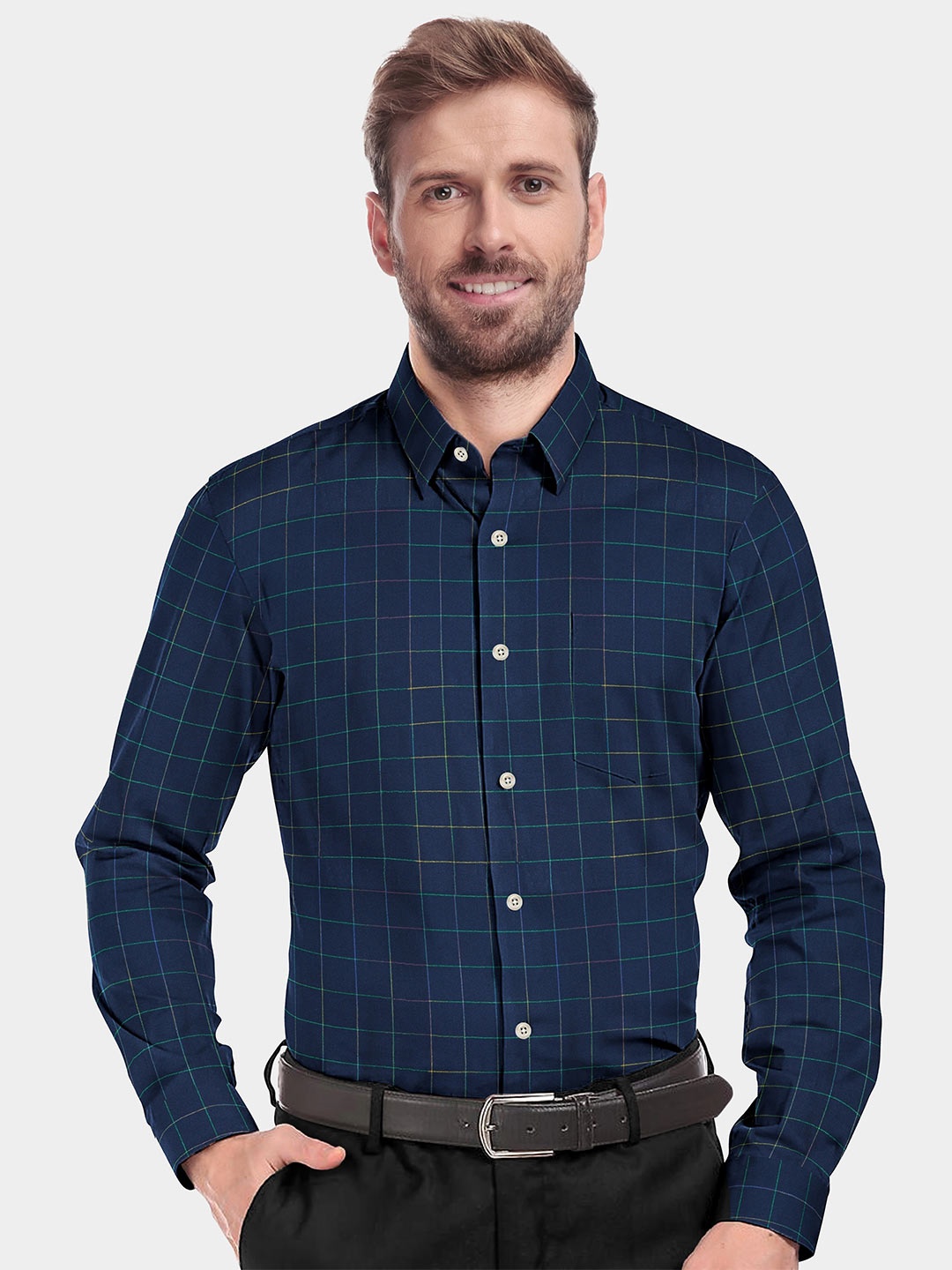 

FRENCH CROWN Men Checked Cotton Standard Casual Shirt, Blue