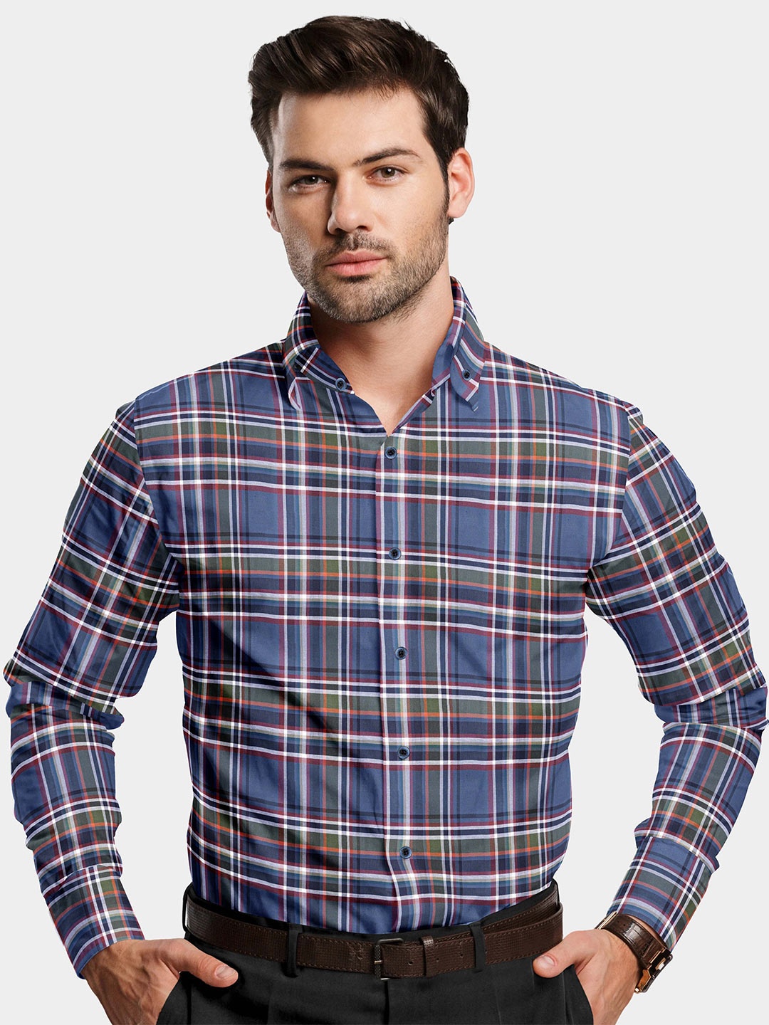 

FRENCH CROWN Men Tartan Checked Cotton Casual Shirt, Blue