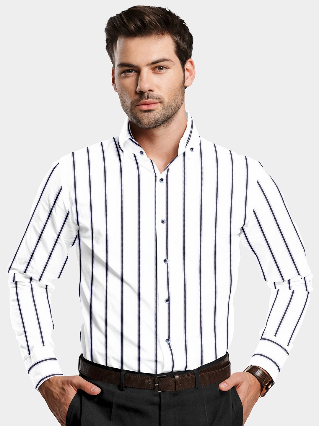 

FRENCH CROWN Men Striped Cotton Casual Shirt, White