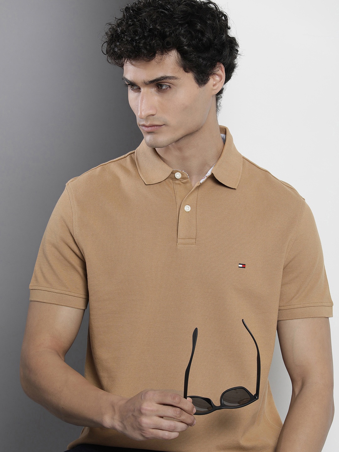 

Tommy Hilfiger Men Solid Polo Collar T-shirt, Camel brown