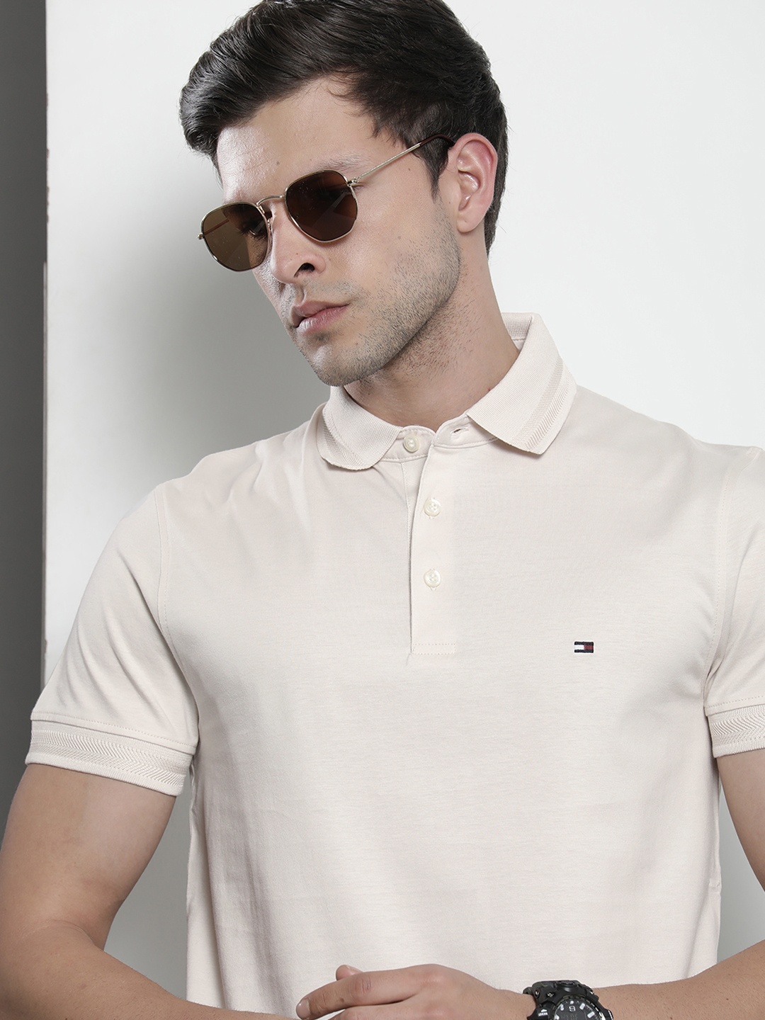 

Tommy Hilfiger Men Pure Cotton Checked Polo Collar Slim Fit T-shirt, Cream