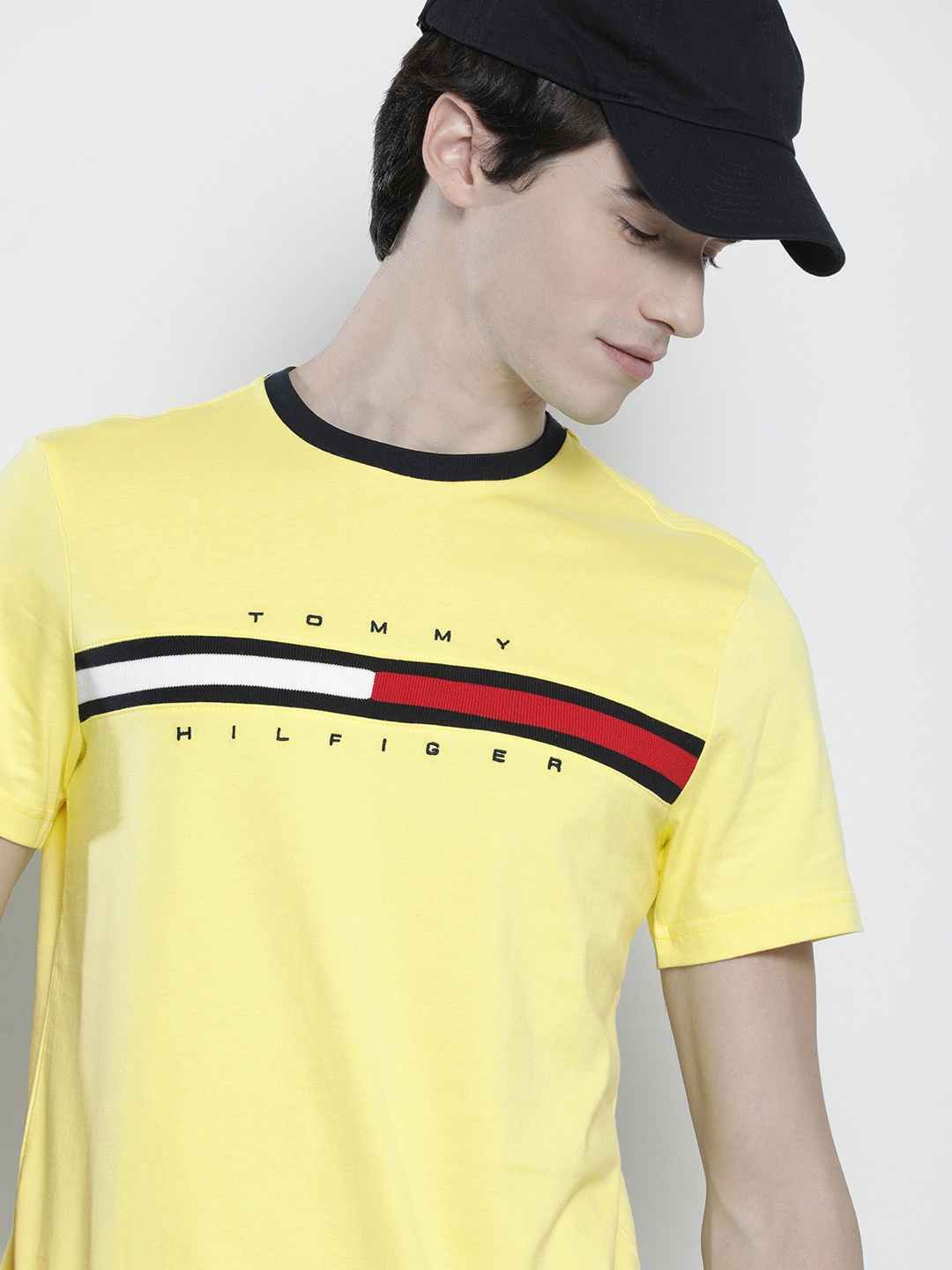

Tommy Hilfiger Men Brand Logo Striped Pure Cotton T-shirt, Yellow