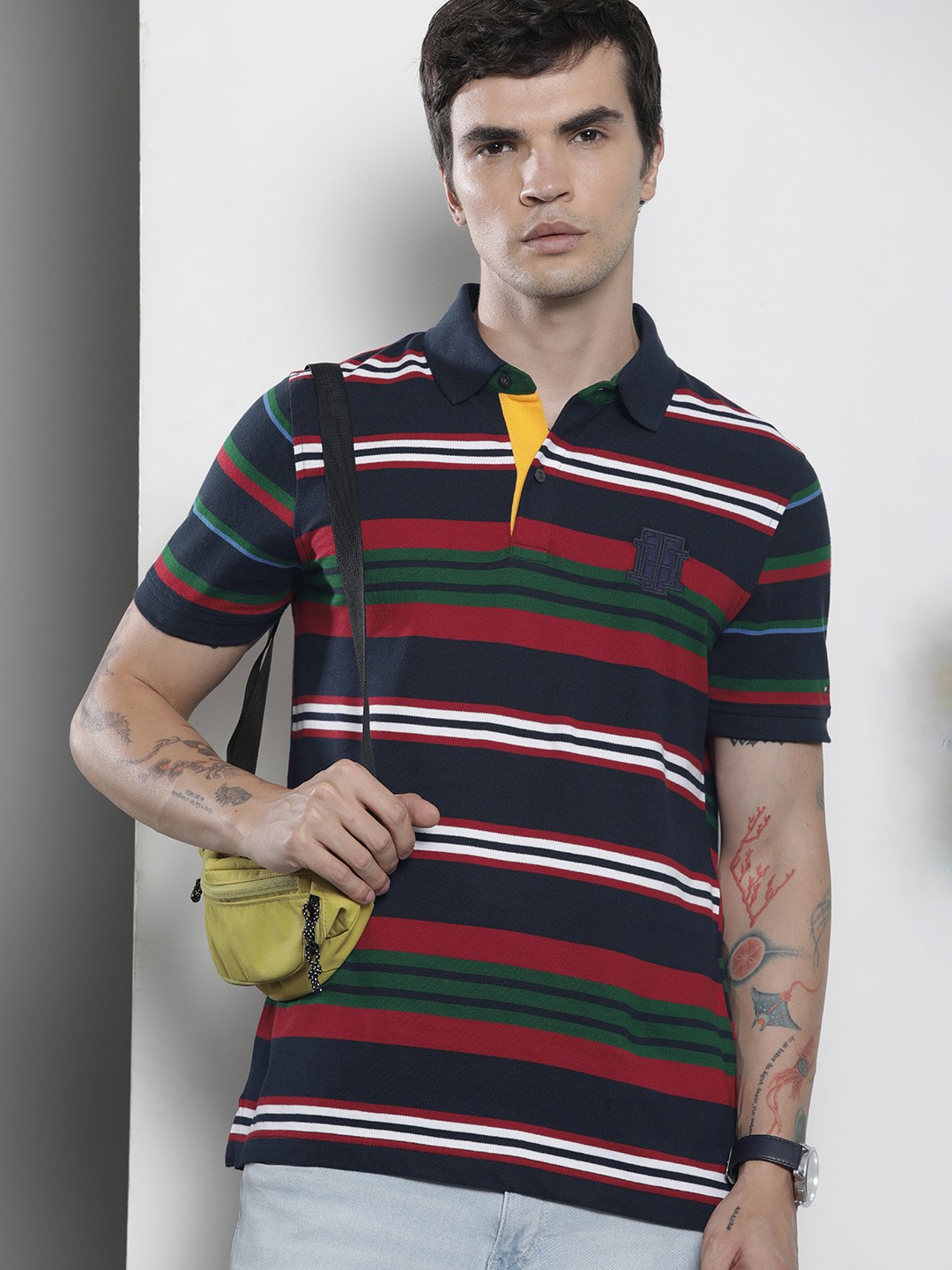 

Tommy Hilfiger Men Pure Cotton Striped Polo Collar Casual T-shirt, Navy blue