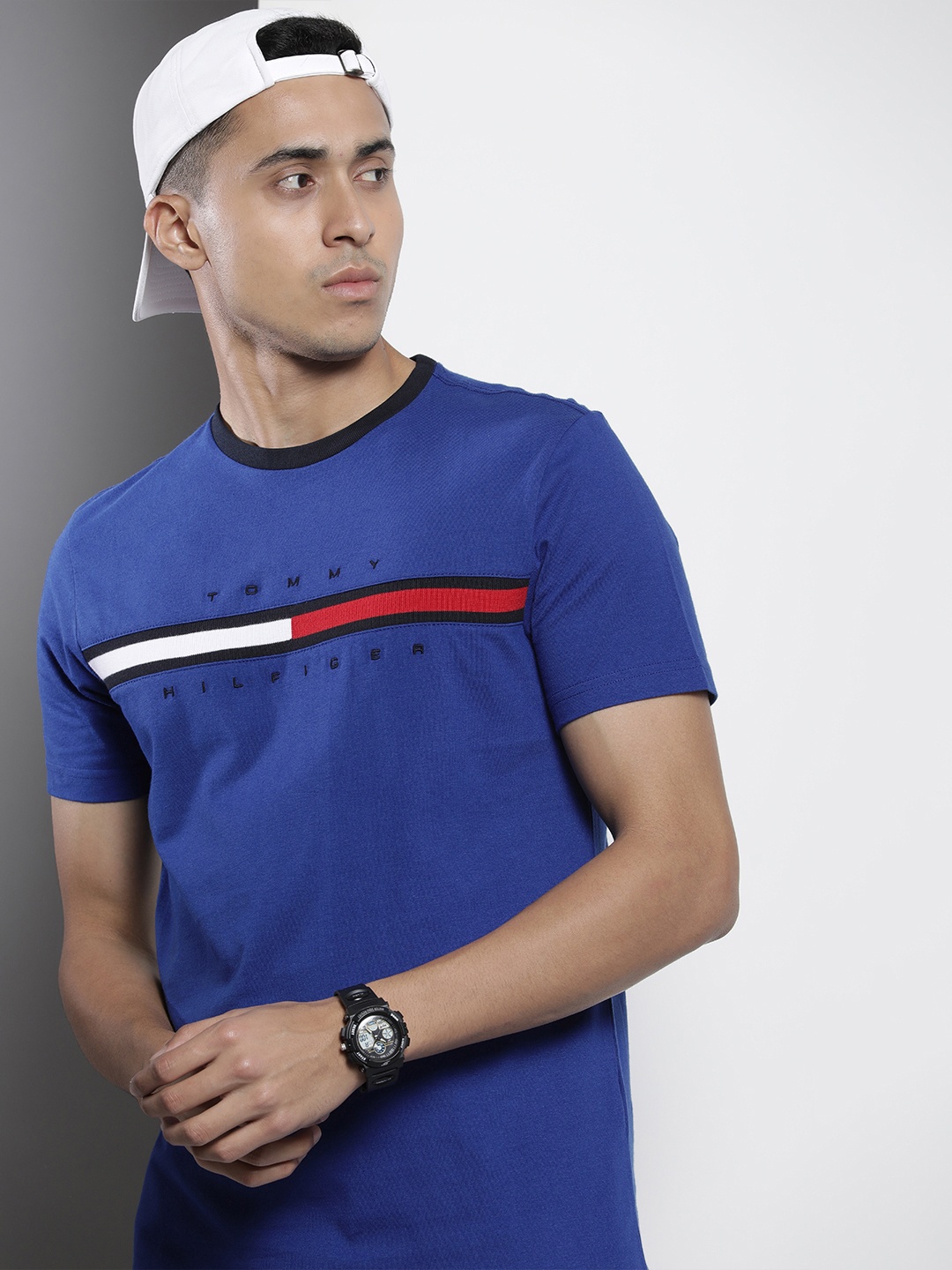 

Tommy Hilfiger Men Pure Cotton Striped T-shirt, Blue