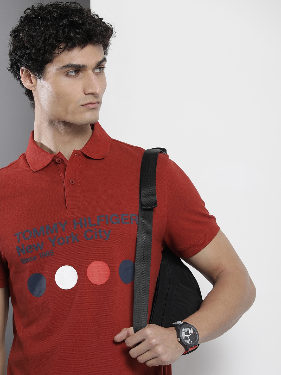 

Tommy Hilfiger Men Brand Logo Printed Polo Collar Pure Cotton T-shirt, Maroon