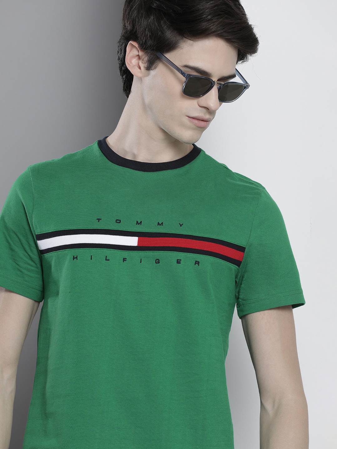 

Tommy Hilfiger Men Pure Cotton Brand Logo Striped T-shirt, Green