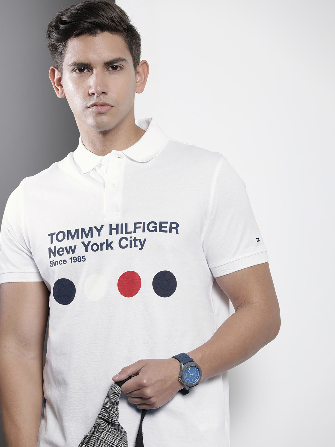 

Tommy Hilfiger Men Pure Cotton Typography Printed Polo Collar Applique T-shirt, White