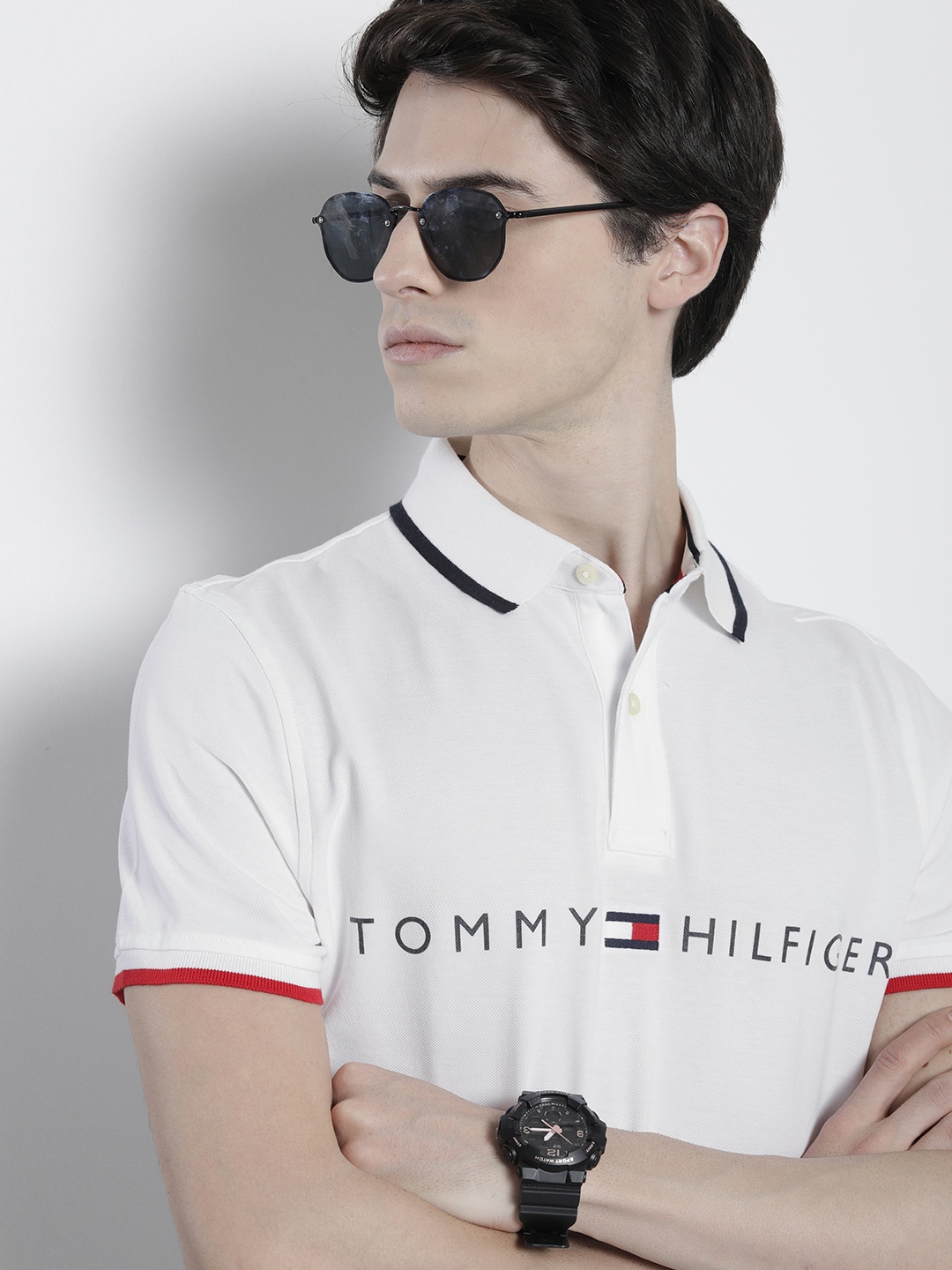 

Tommy Hilfiger Men Brand Logo Printed Polo Collar Pure Cotton T-shirt, White