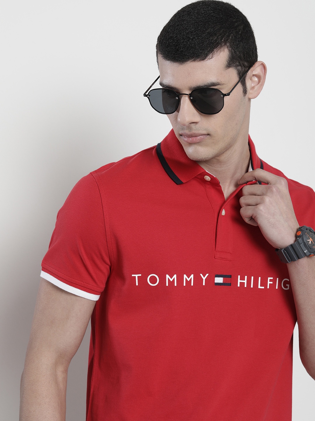

Tommy Hilfiger Men Brand Logo Printed Polo Collar Pure Cotton T-shirt, Red