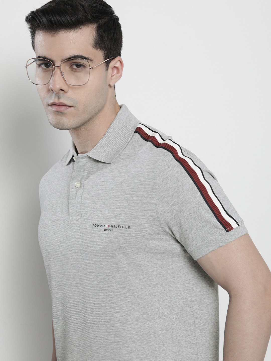 

Tommy Hilfiger Men Brand Logo Striped Polo Collar Pure Cotton T-shirt, Grey melange