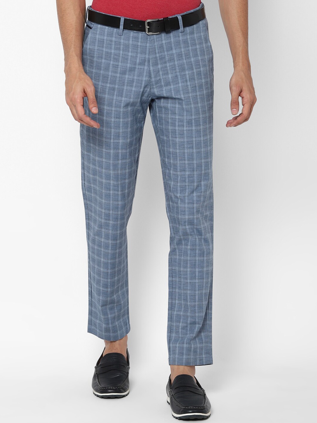 

Allen Solly Men Cotton Checked Slim Fit Trousers, Blue