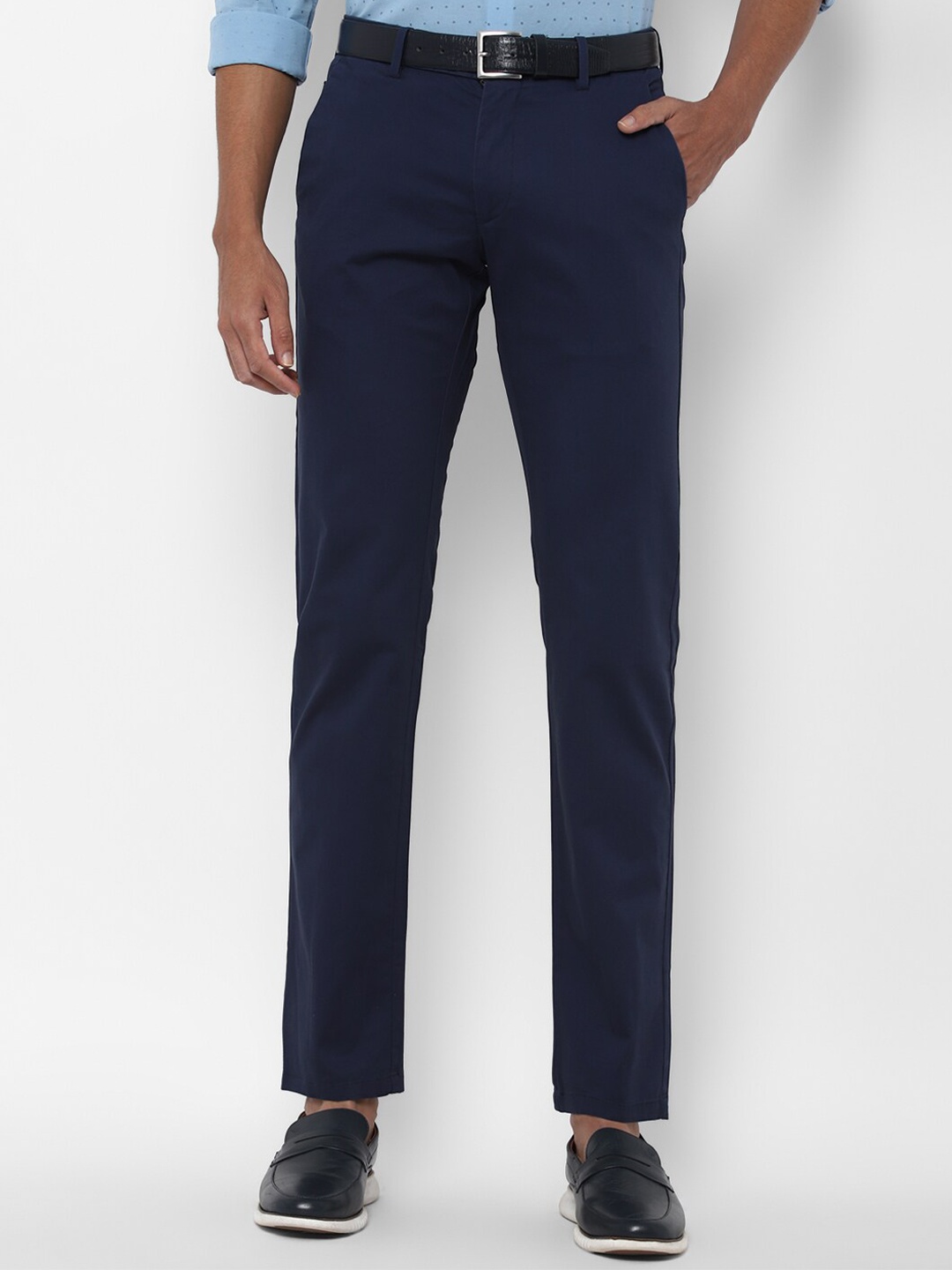 

Allen Solly Men Cotton Solid Slim Fit Trousers, Navy blue