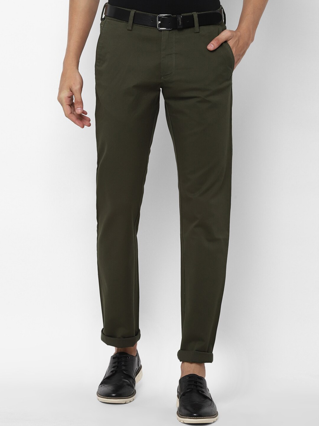 

Allen Solly Men Cotton Solid Slim Fit Trousers, Olive