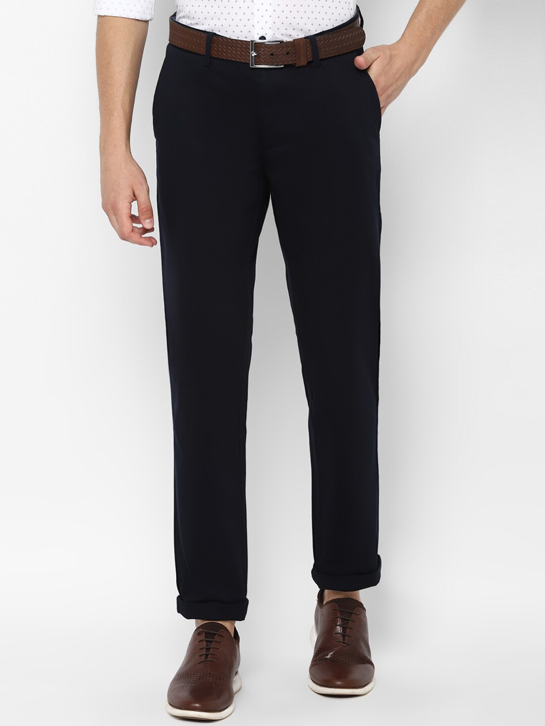 

Allen Solly Men Cotton Solid Slim Fit Trousers, Navy blue