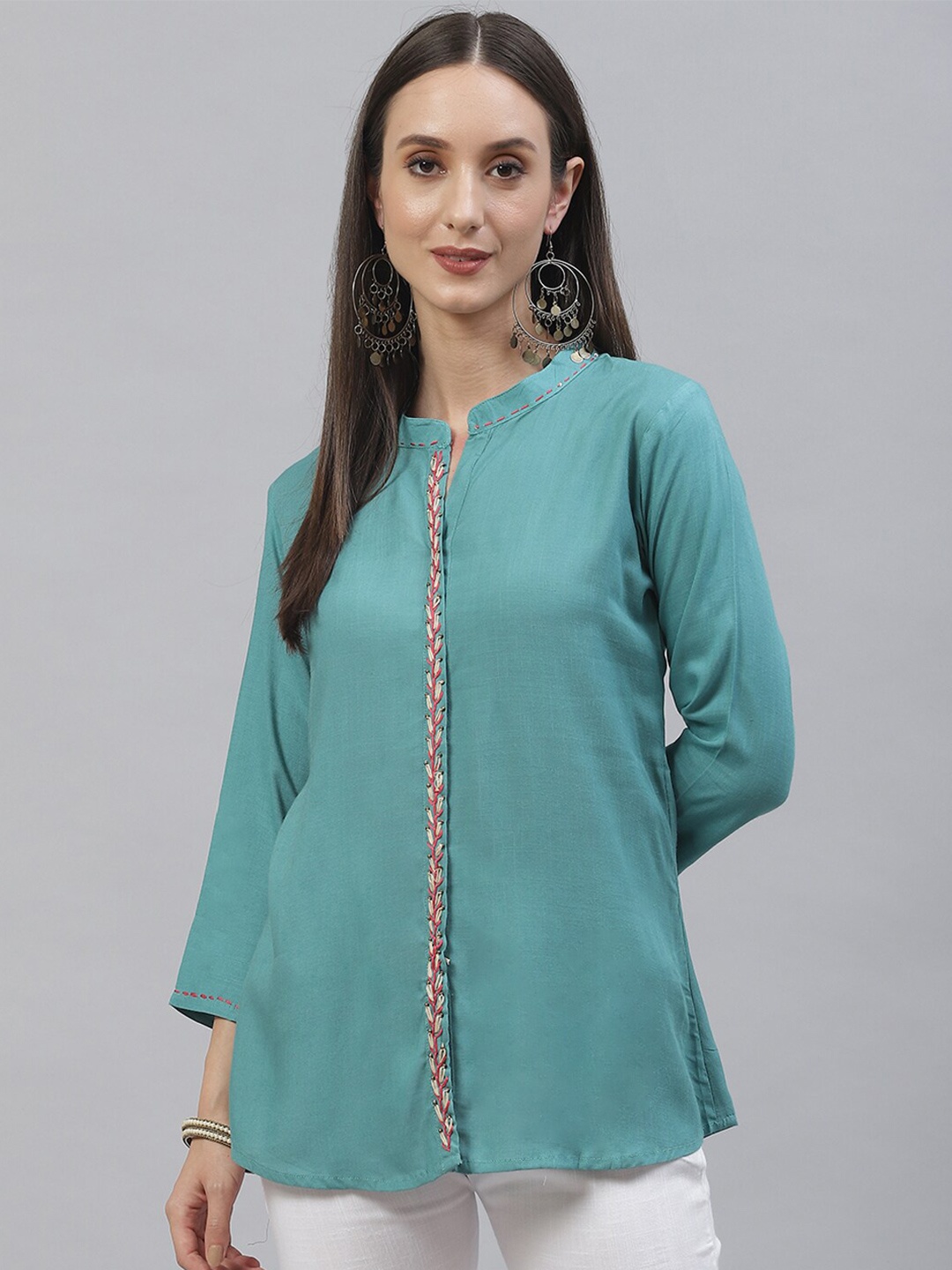 

INDYES Mandarin Collar Regular Sleeve Kurti, Blue