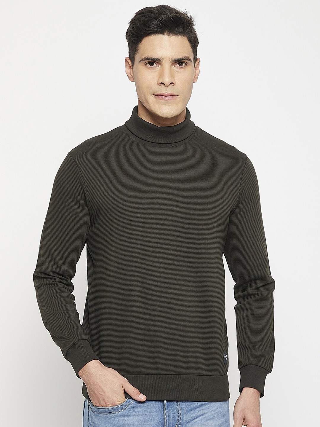 

Octave Men High Neck Cotton T-shirt, Olive