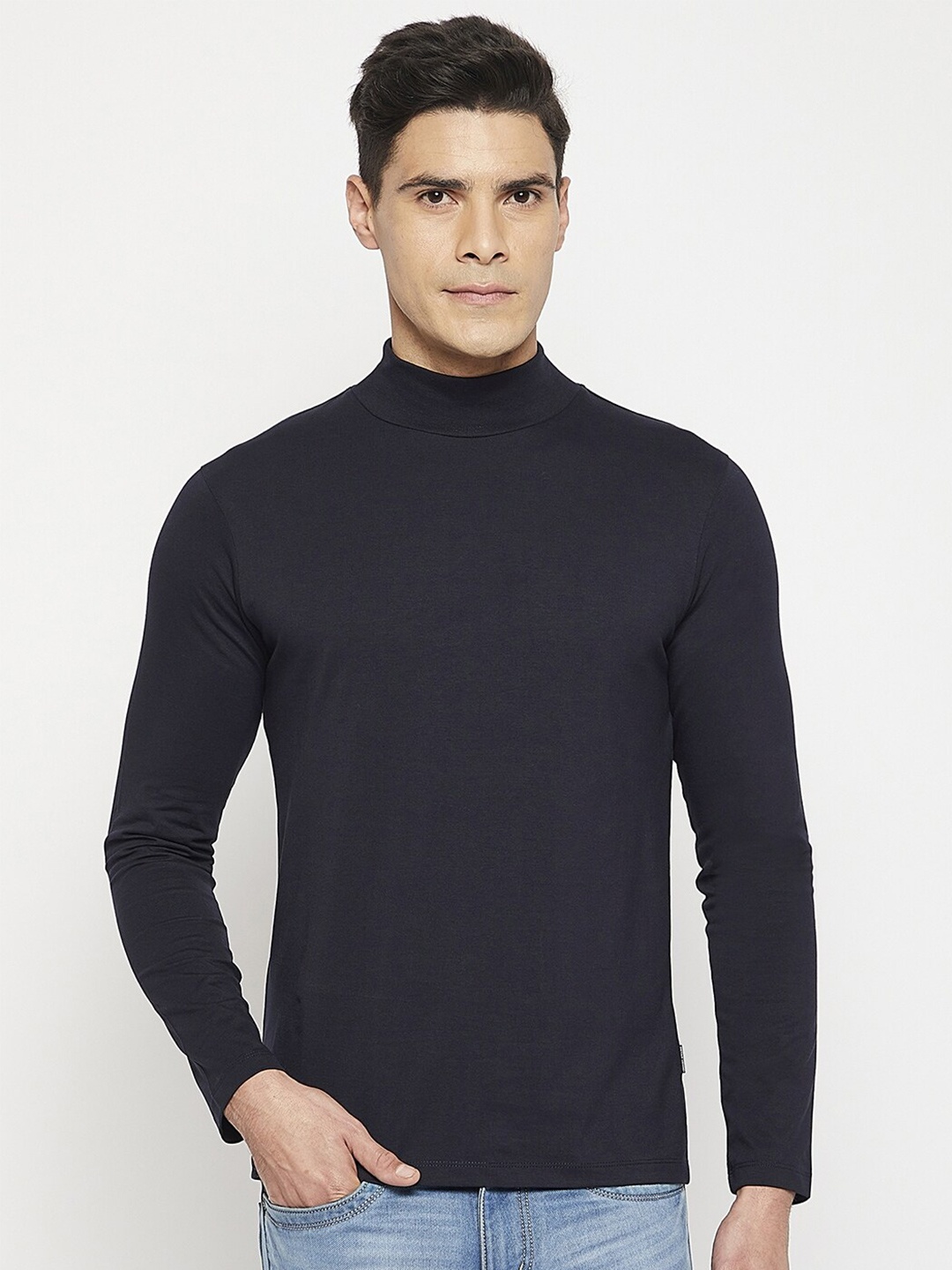 

Octave Men High Neck Pure Cotton T-shirt, Navy blue