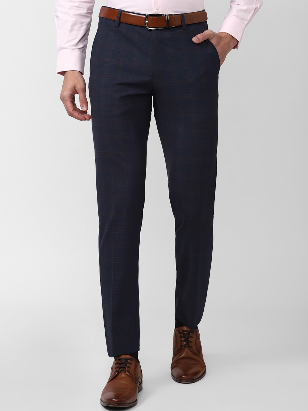 

Peter England Men Checked Slim Fit Formal Trousers, Navy blue