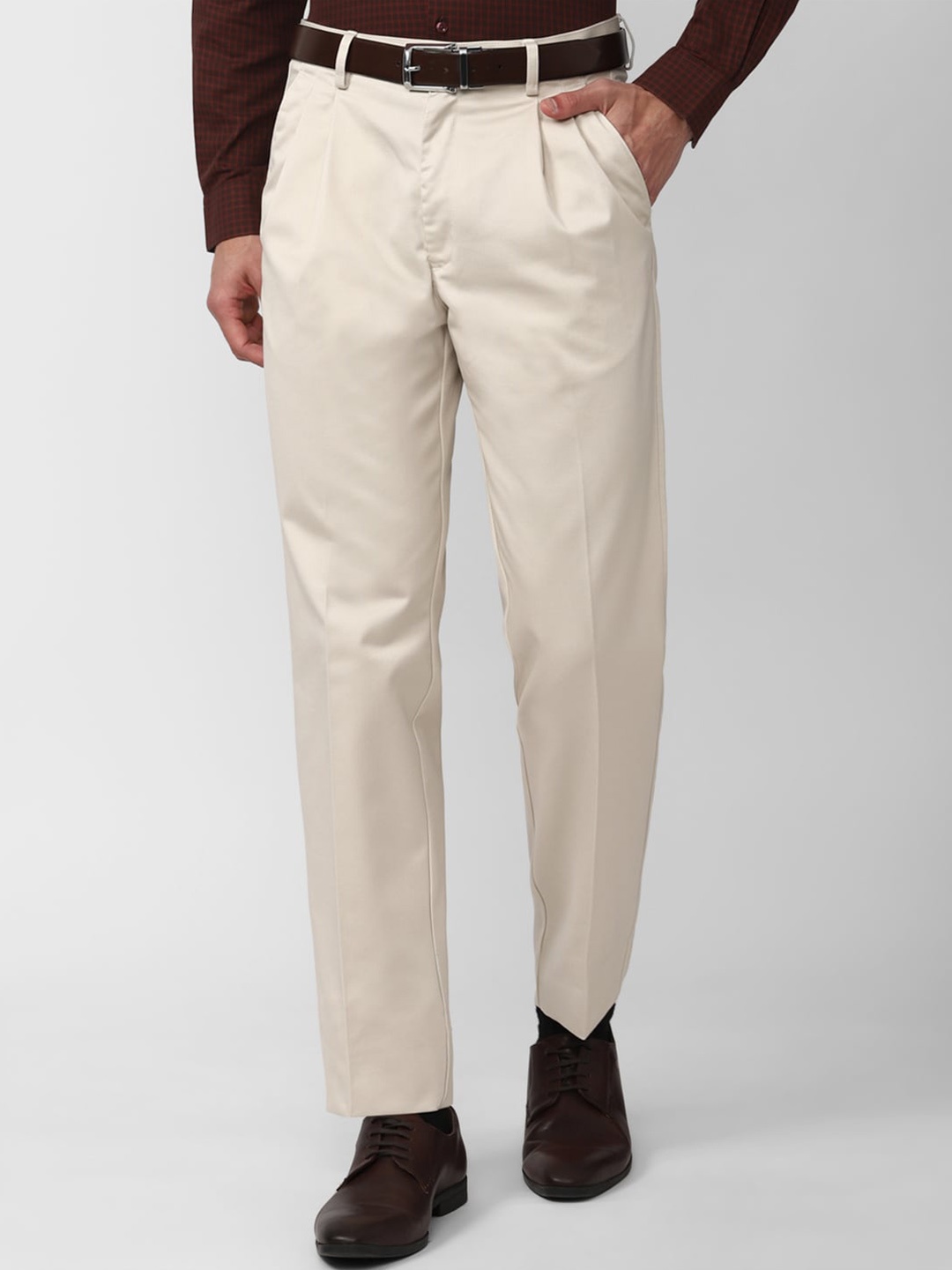 

Peter England Casuals Men Pleated Formal Trousers, Cream