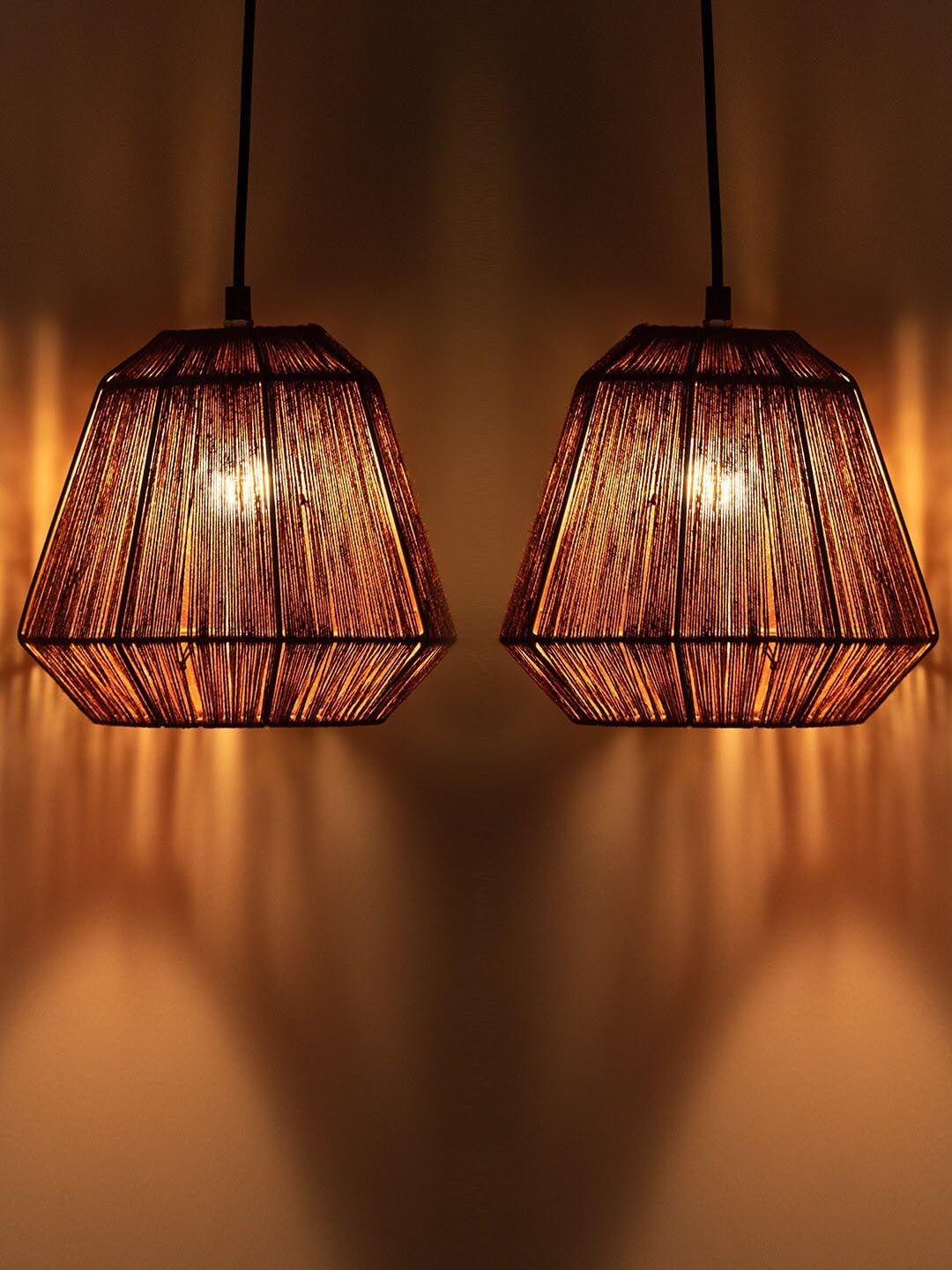 

ExclusiveLane Brown Set of 2 Jute Sensations Pyramidal Iron Hanging Pendant Lamp