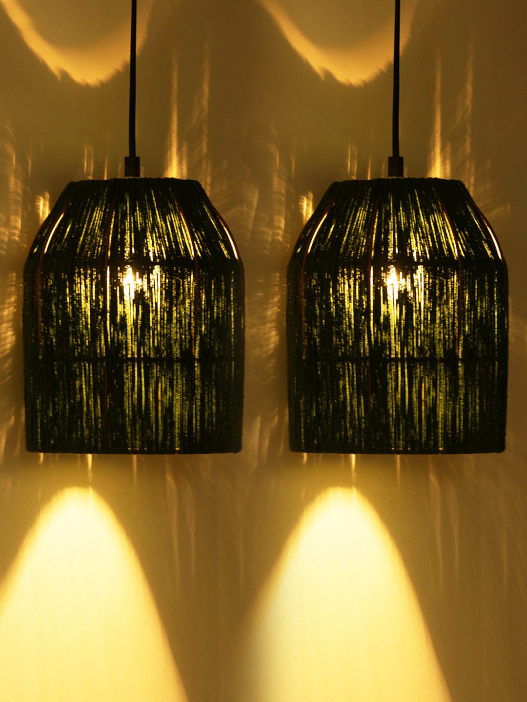 

ExclusiveLane Olive Green Set of 2 Jute Gleams Cylindrical Iron Hanging Pendant Lamps