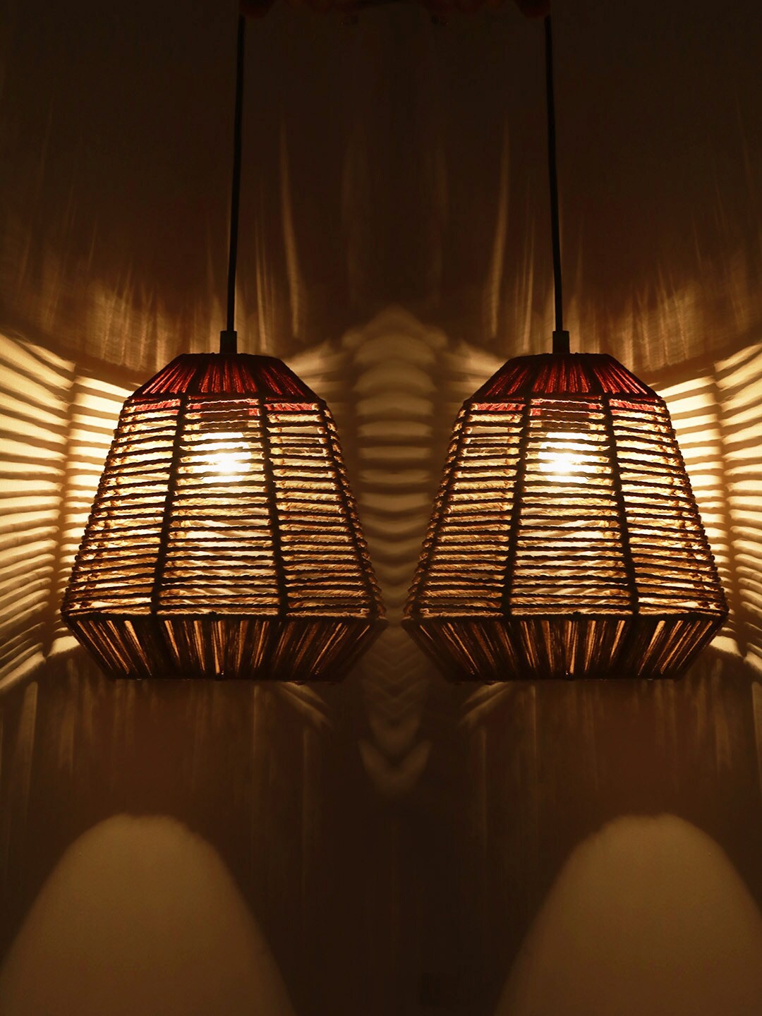 

ExclusiveLane Sand Brown Set Of 2 Jute Cylindrical Iron Hanging Pendant Lamp