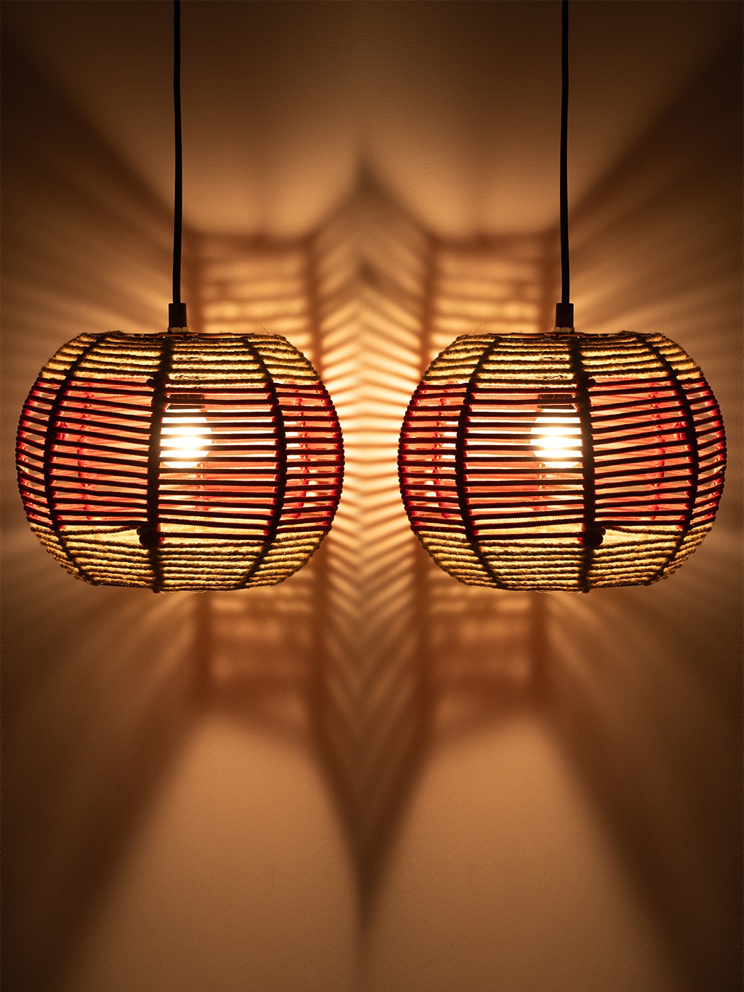 

ExclusiveLane Red & Beige Set Of 2 Cotton Rope & Iron Swirls Hanging Pendant Lamps