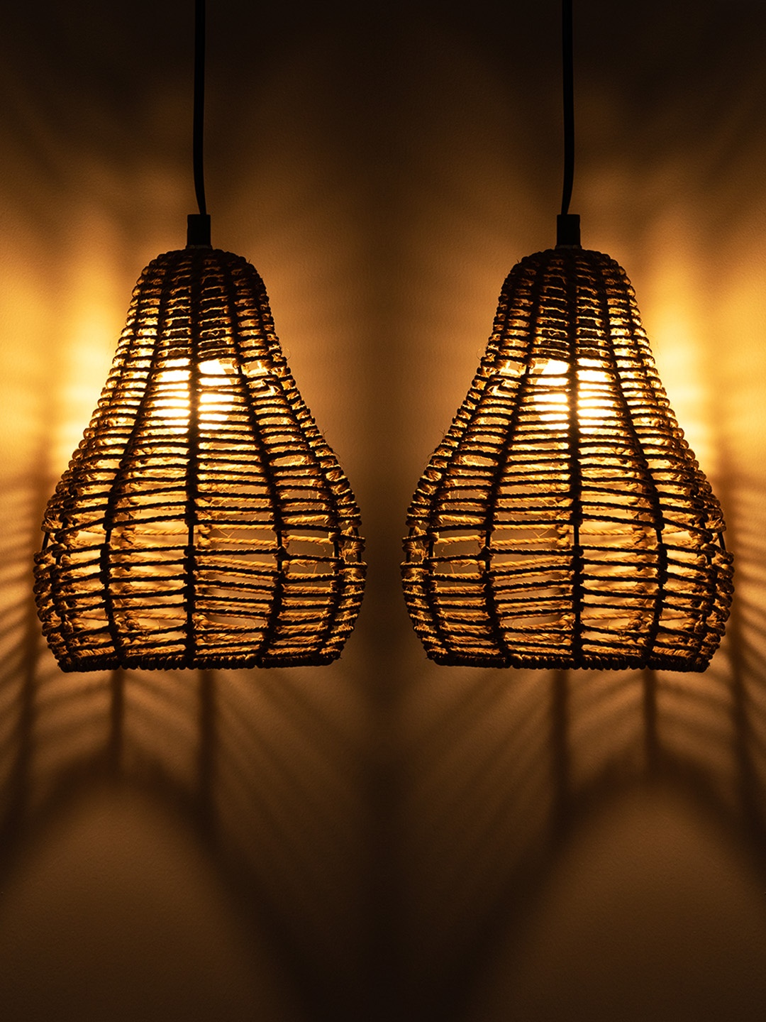 

ExclusiveLane Light Brown Set of 2 Blazing Rope Conical Iron Hanging Pendant Lamp