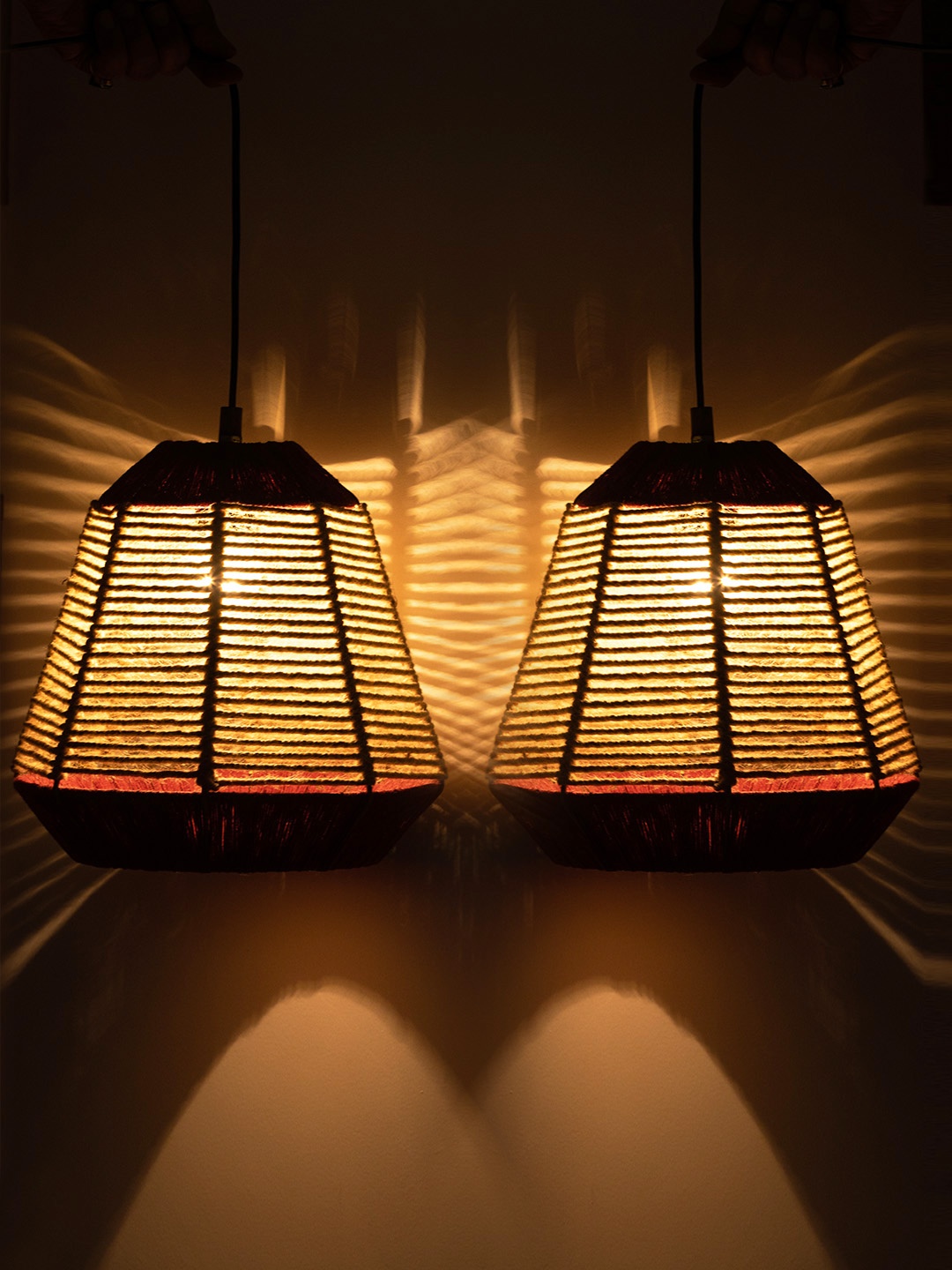 

ExclusiveLane Red & Beige Set of 2 Jute Pyramidal Iron Hanging Pendant Lamp