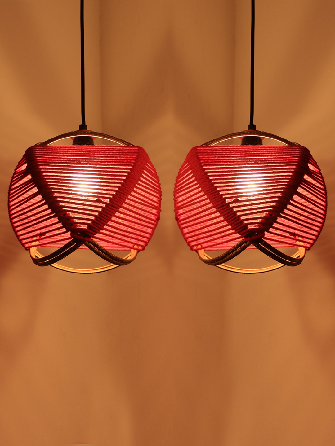 

ExclusiveLane Red & Beige Set Of 2 Jute Spherical Paradise Hanging Pendant Lamp