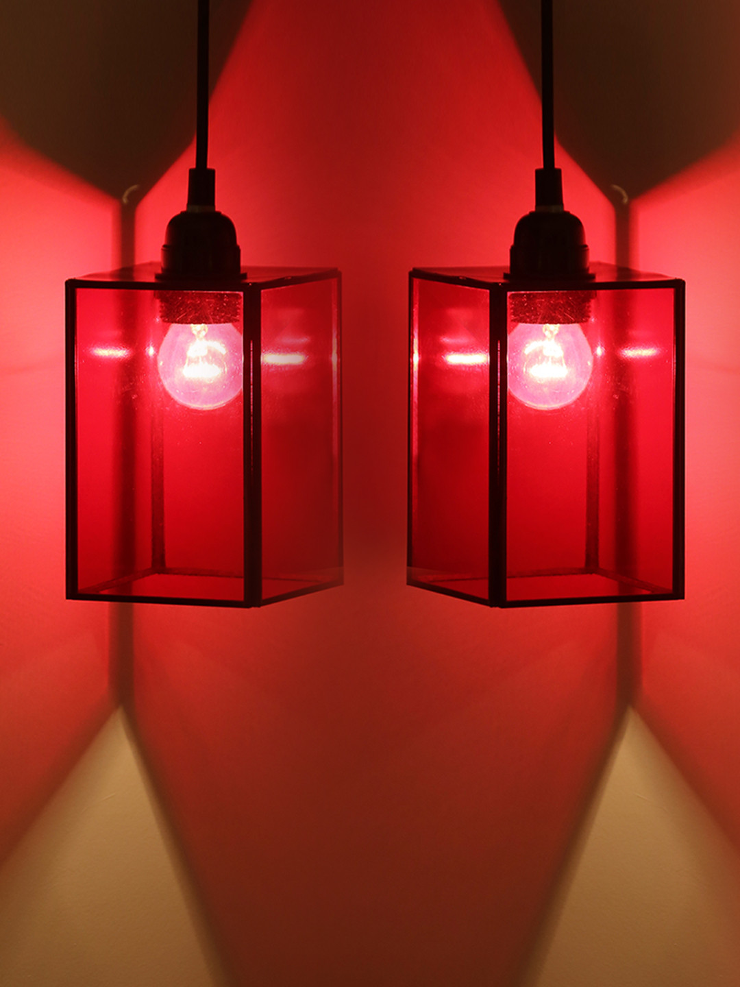 

ExclusiveLane Red Set Of 2 Glass Cuboidal Iron Hanging Pendant Lamp