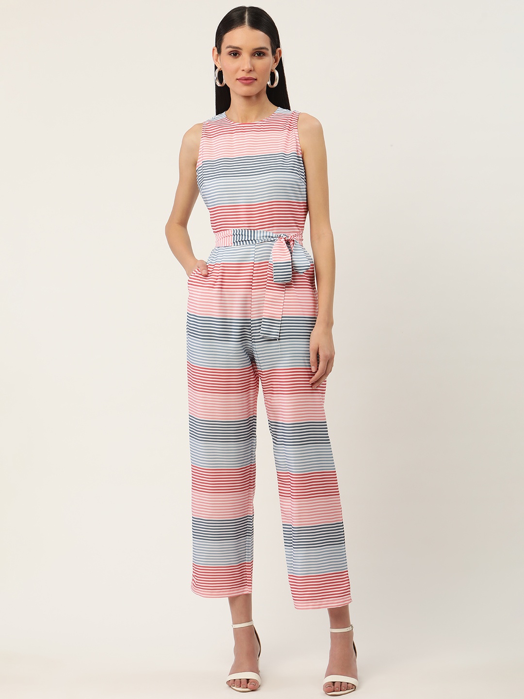 

Sleek Italia Striped Basic Jumpsuit with Waist Tie-Ups, Multi