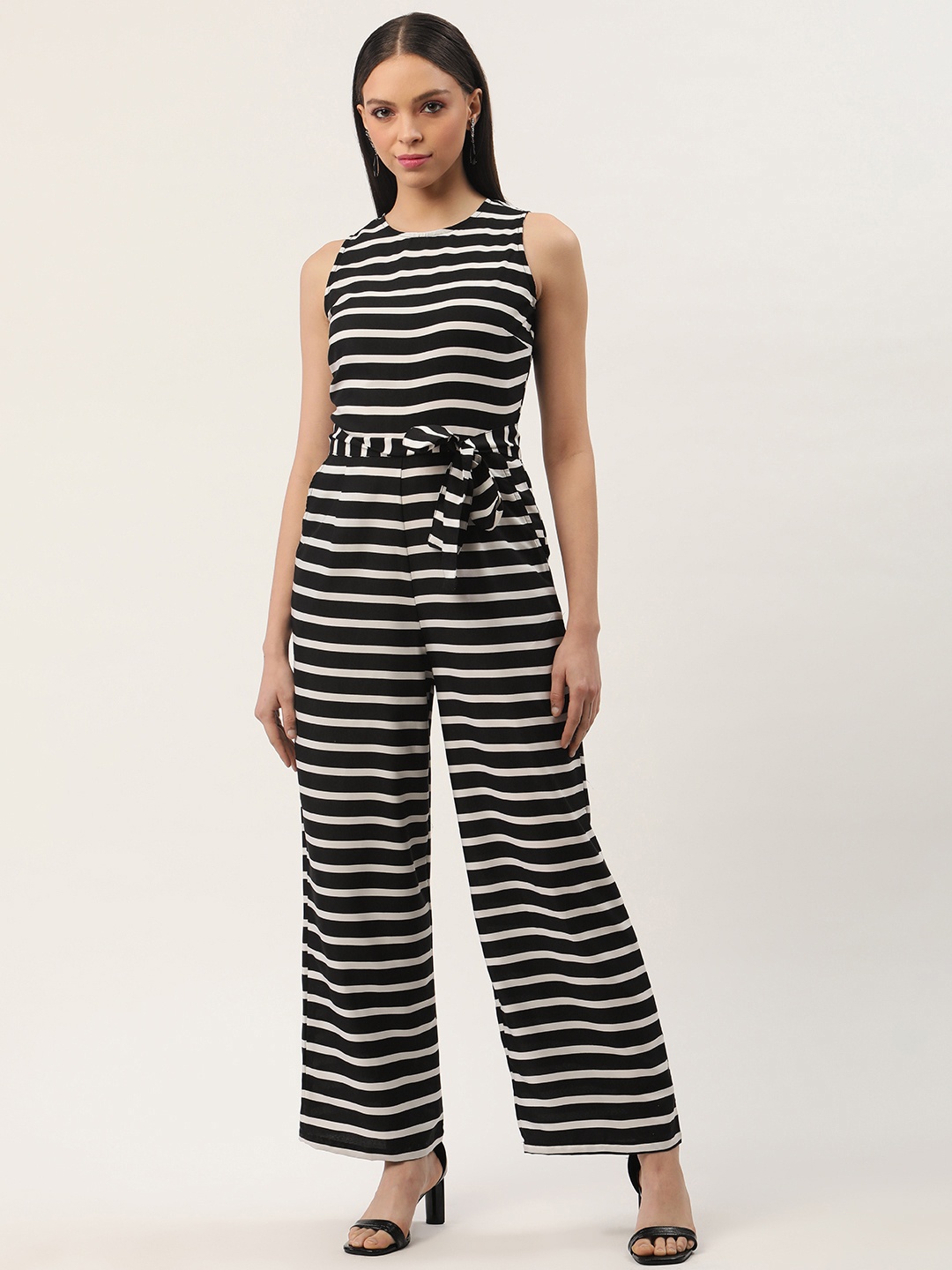 

Sleek Italia Striped Basic Jumpsuit with Waist Tie-Ups, Black