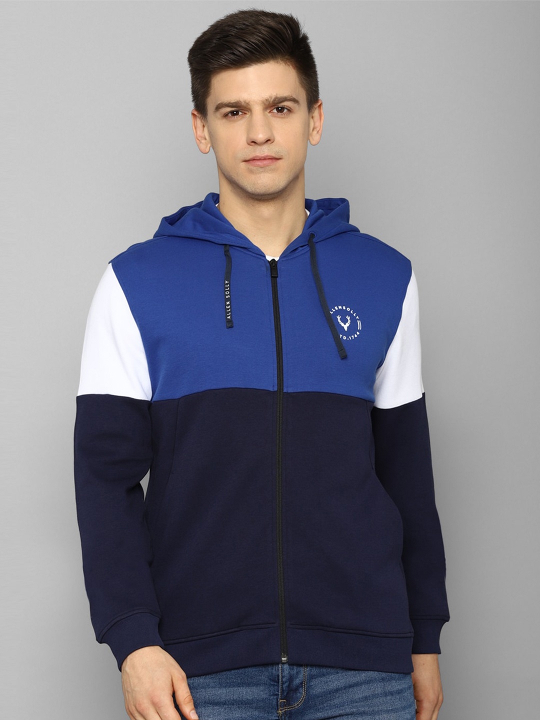 

Allen Solly Colourblocked Hooded Cotton Sweatshirt, Navy blue