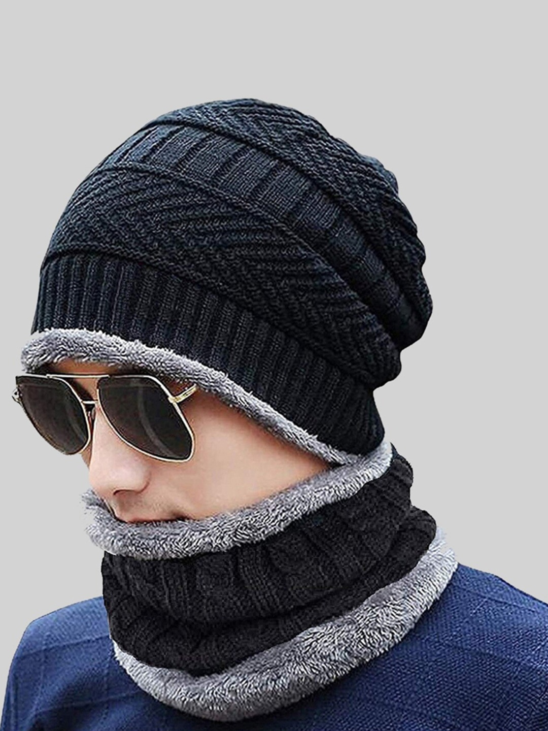 

Kastner Unisex Self Design Wollen Beanie With Muffler, Black