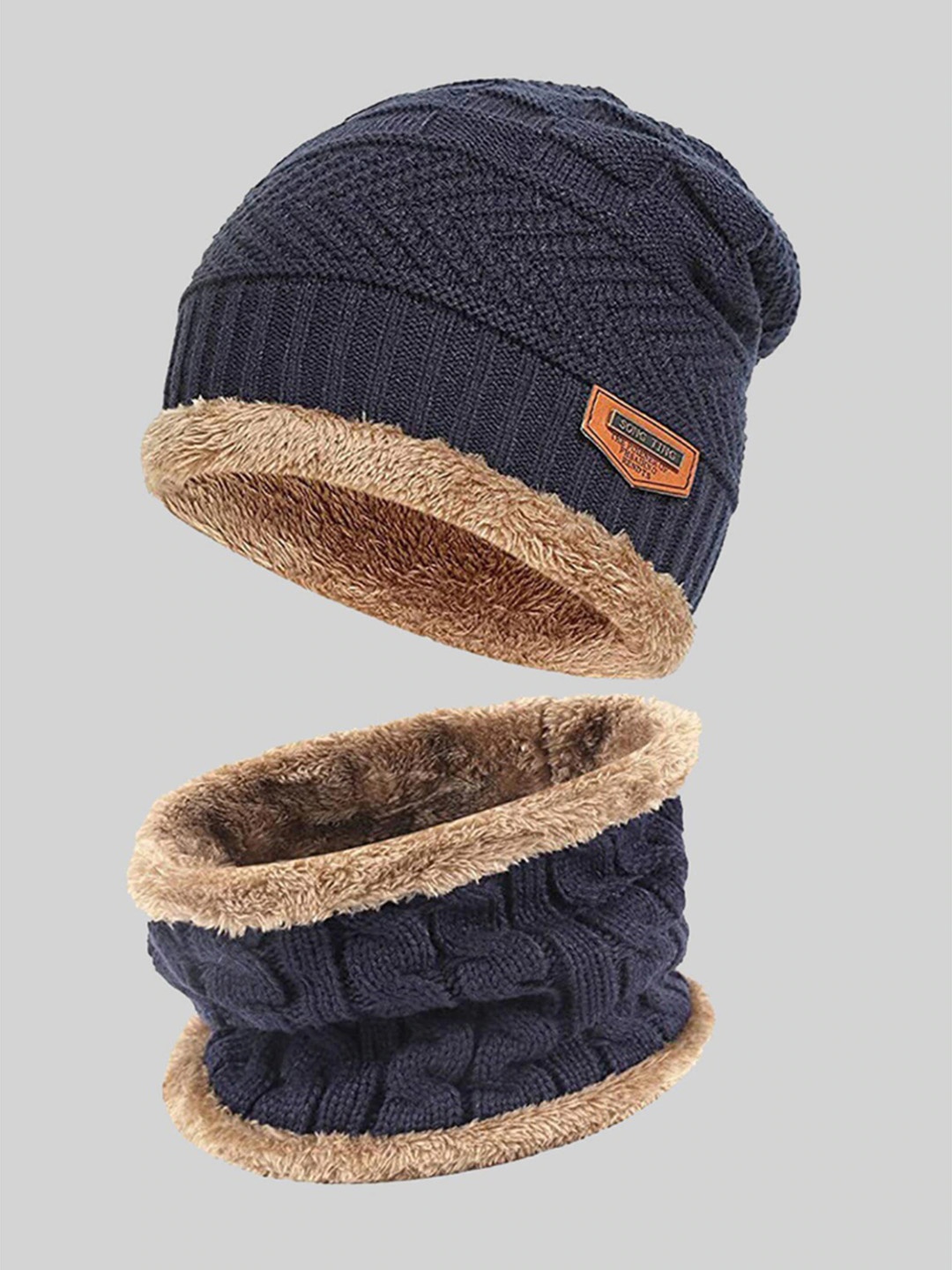 

Kastner Unisex Blue Self Design Wollen Beanie With Muffler