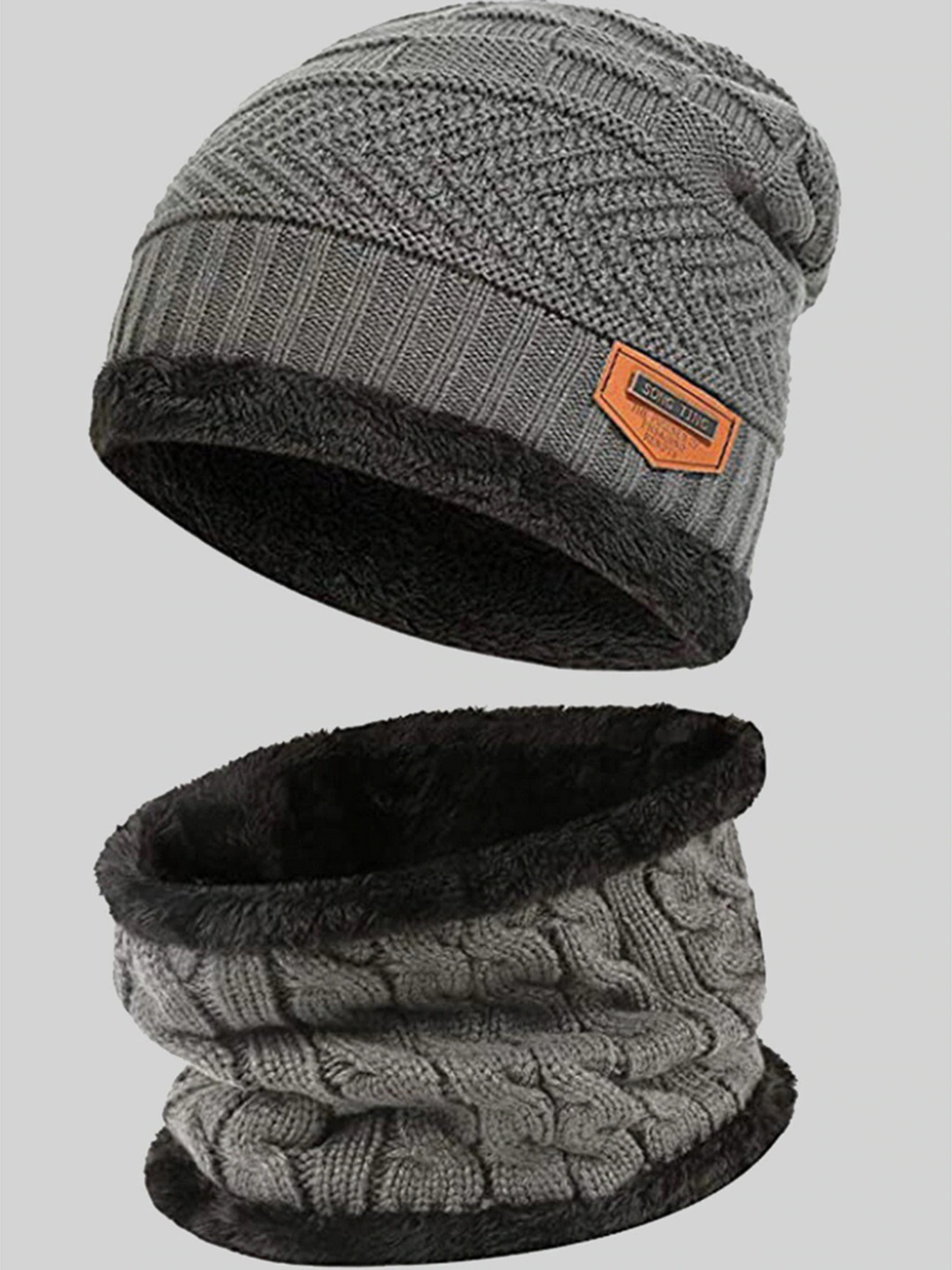 

Kastner Unisex Self Design Wollen Beanie With Muffler, Grey