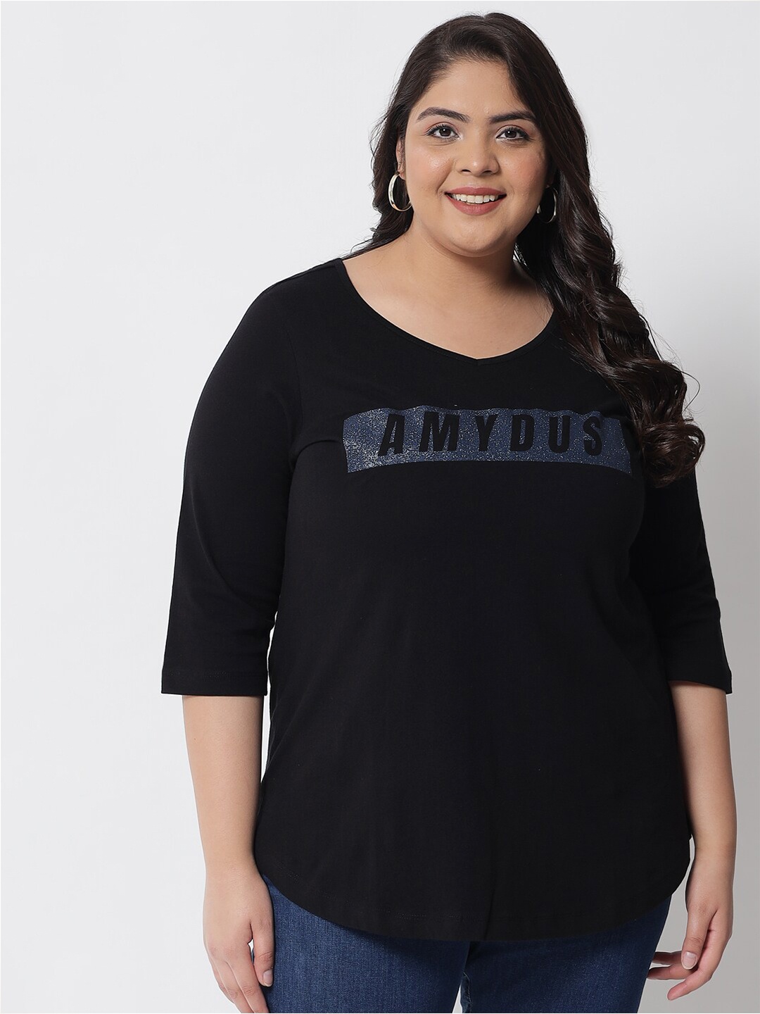 

Amydus Women Plus Size Typography Printed Cotton T-shirt, Black