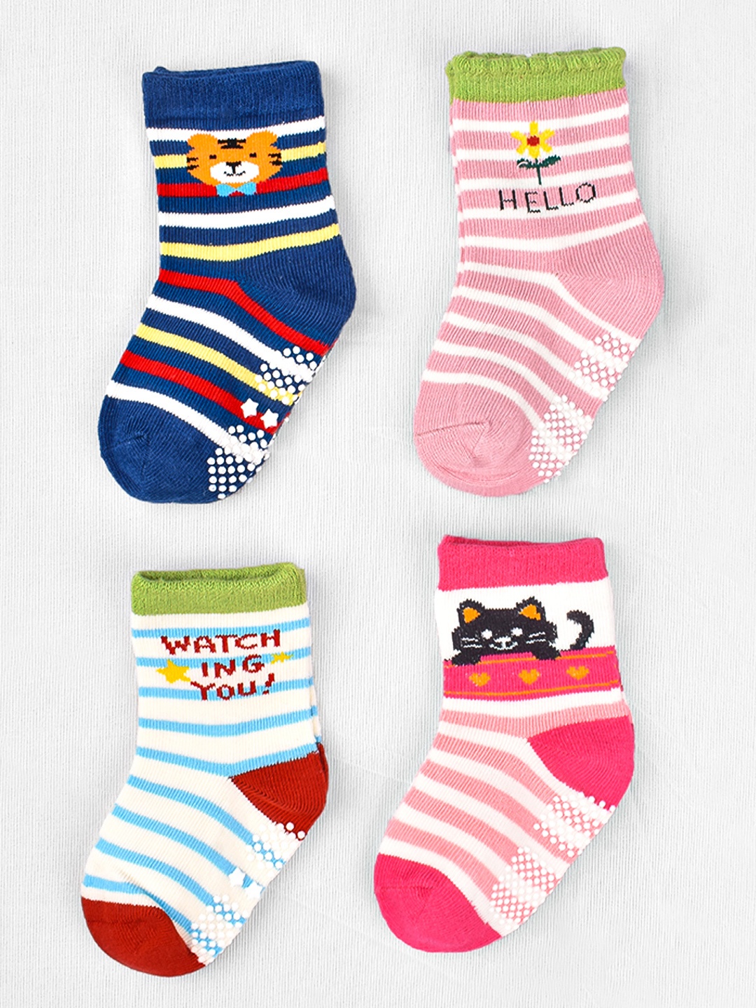 

FOOTPRINT 4 Pairs Infant Kids Unisex Multi-Colored Ankle-Length Assorted Antiskid Cotton Socks, Pink